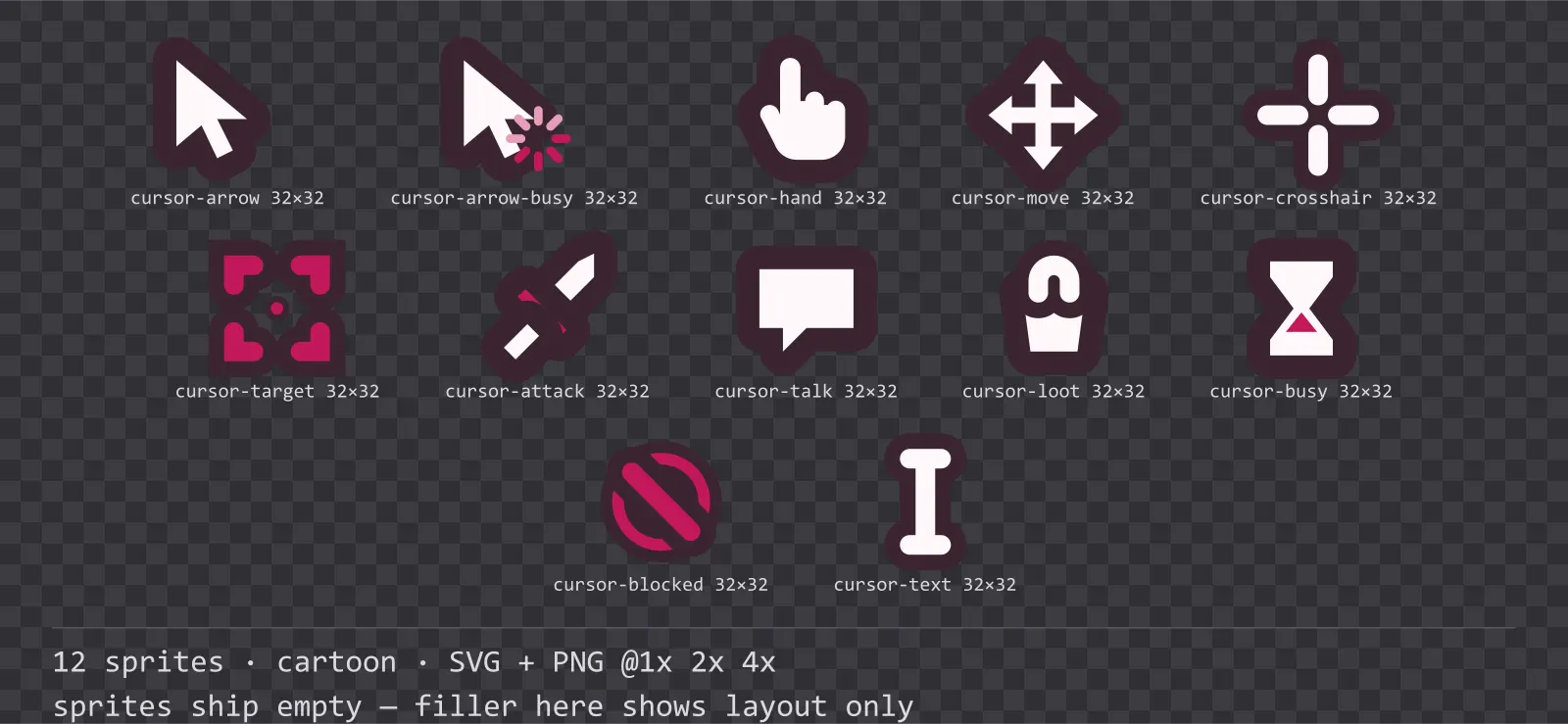 Sheet showing 12 cartoon mouse cursors from the Candy family, arranged on a transparency checkerboard with their pixel sizes printed underneath