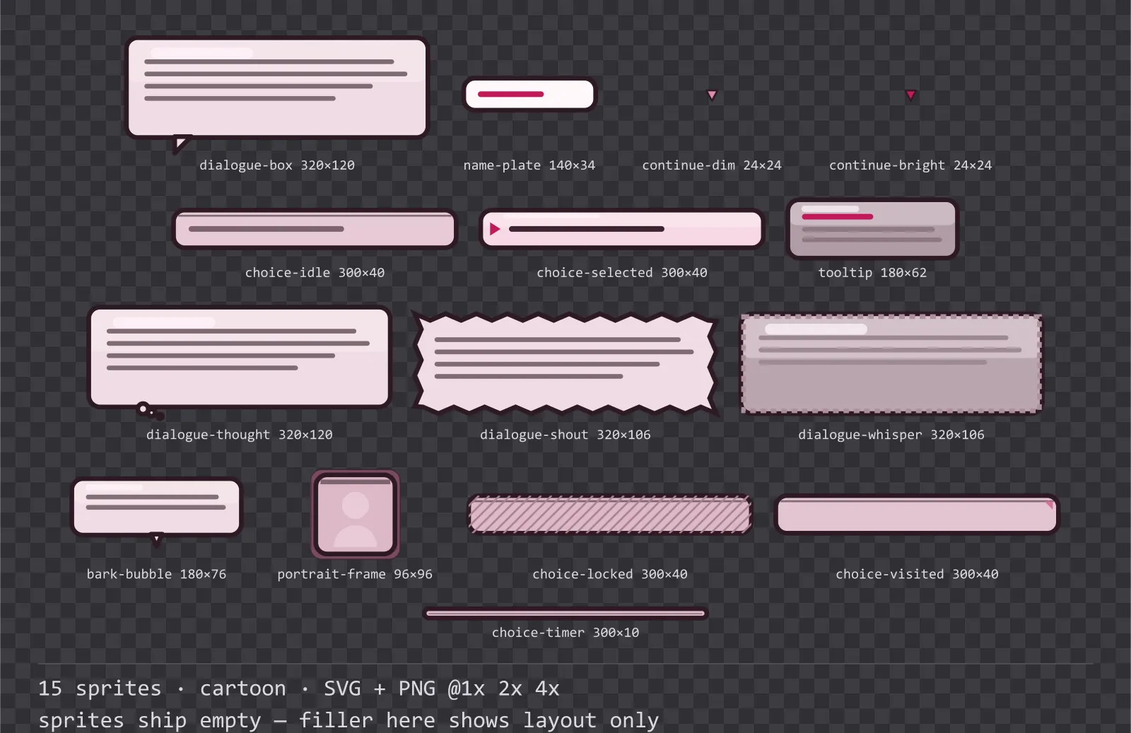 Sheet showing 15 cartoon dialogue components from the Candy family, arranged on a transparency checkerboard with their pixel sizes printed underneath