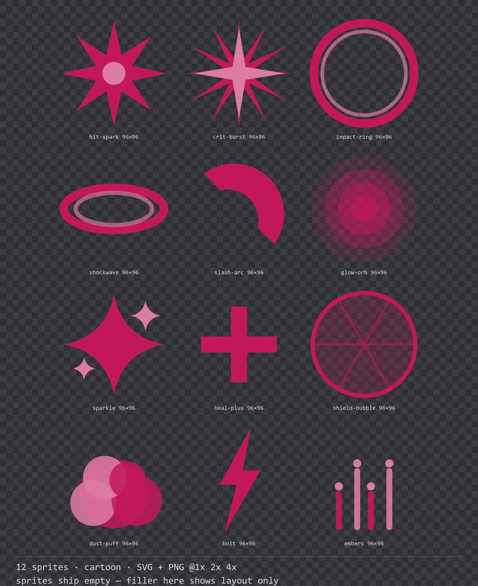 Sheet showing 12 cartoon impact and effect sprites from the Candy family, arranged on a transparency checkerboard with their pixel sizes printed underneath