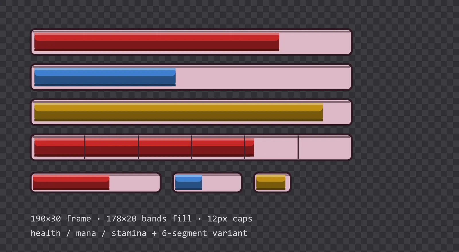 Three horizontal game status bars stacked on a checkerboard background, filled to different levels for health, mana and stamina, with a segmented 6-notch bar and three smaller bars beneath them