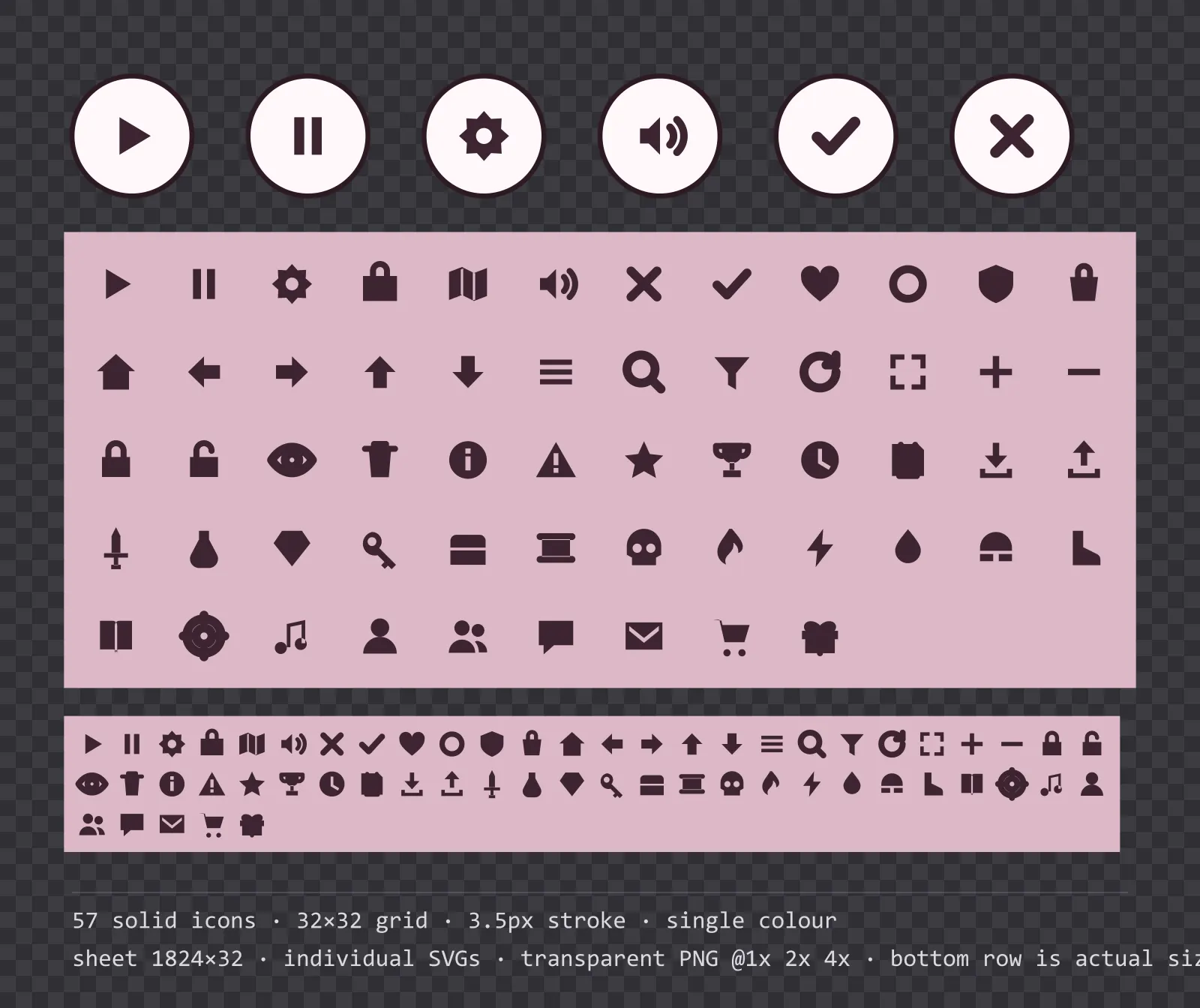 57 solid game menu icons on sugar bright tiles, shown large, laid out on a sheet grid, and again at actual 32 pixel size