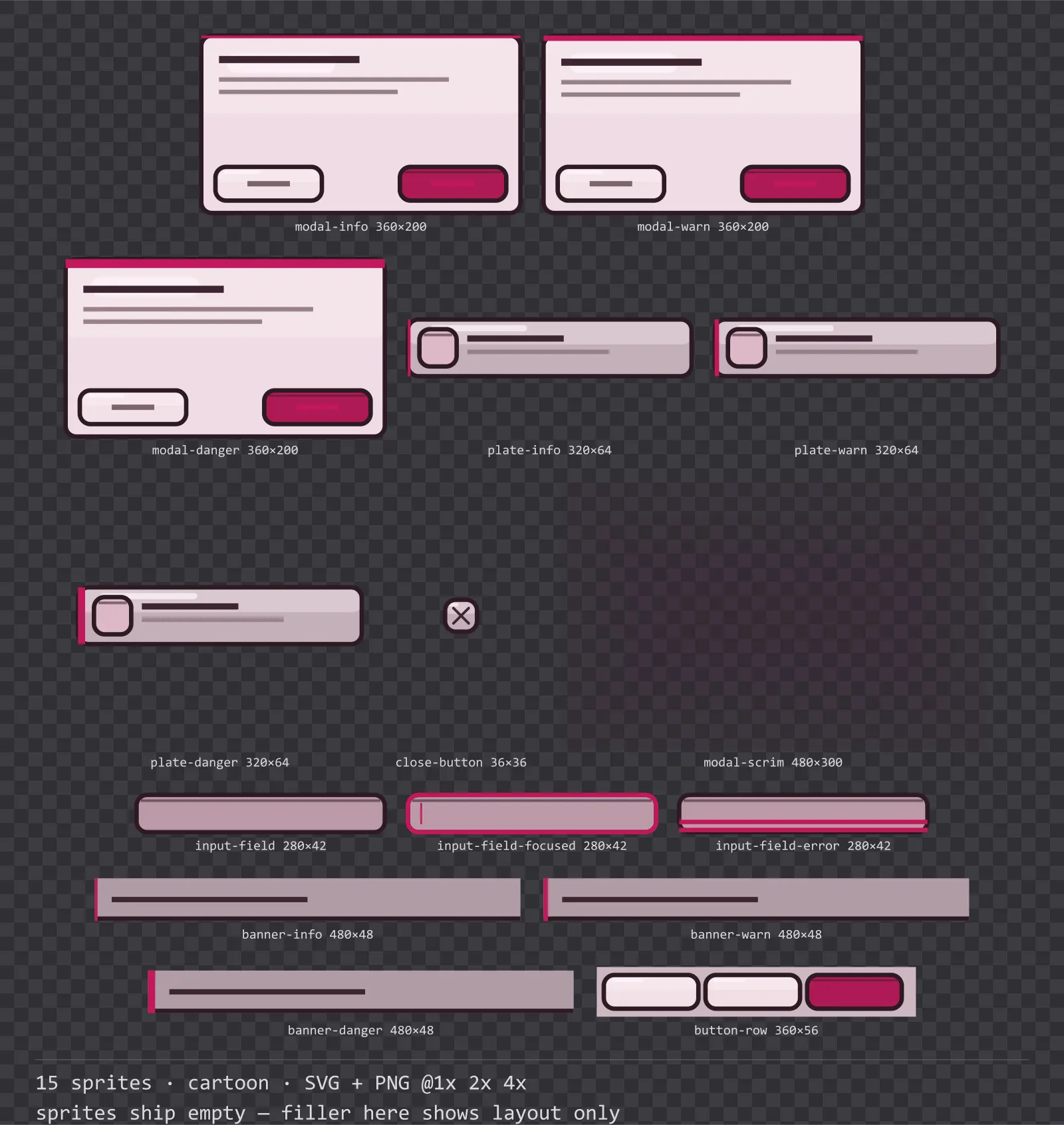 Sheet showing 15 cartoon modal dialogs and system notices from the Candy family, arranged on a transparency checkerboard with their pixel sizes printed underneath