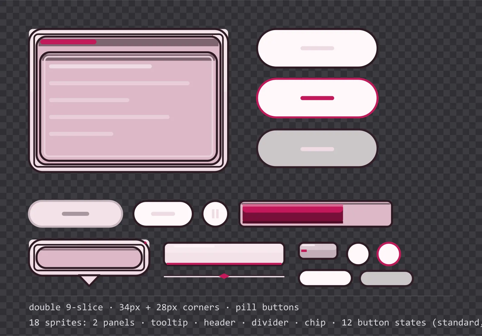 sugar bright game menu panel with a bubblegum pink title strip and a recessed list area, next to a column showing the same pill button in default, outlined hover and pushed-in pressed states