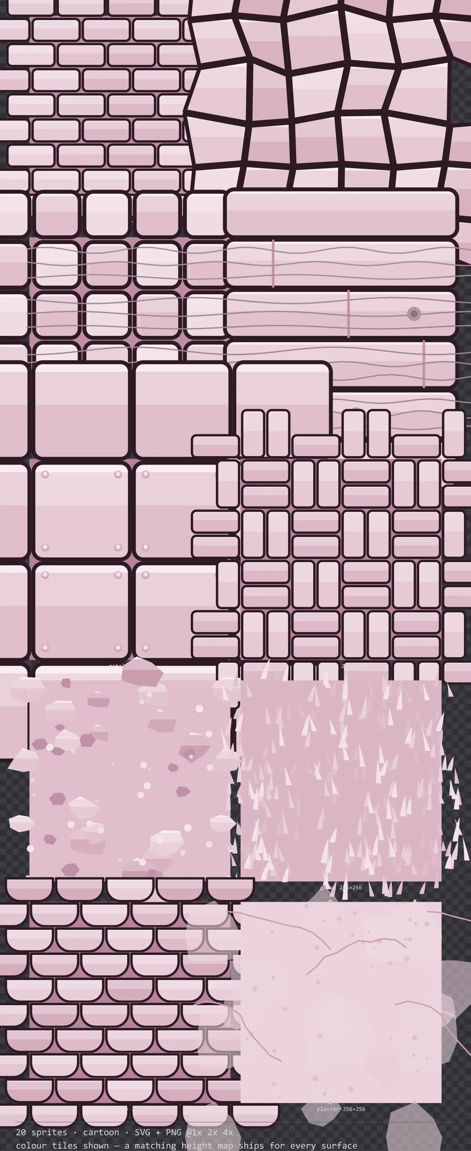 Sheet showing 20 cartoon tiling surface textures from the Candy family, arranged on a transparency checkerboard with their pixel sizes printed underneath