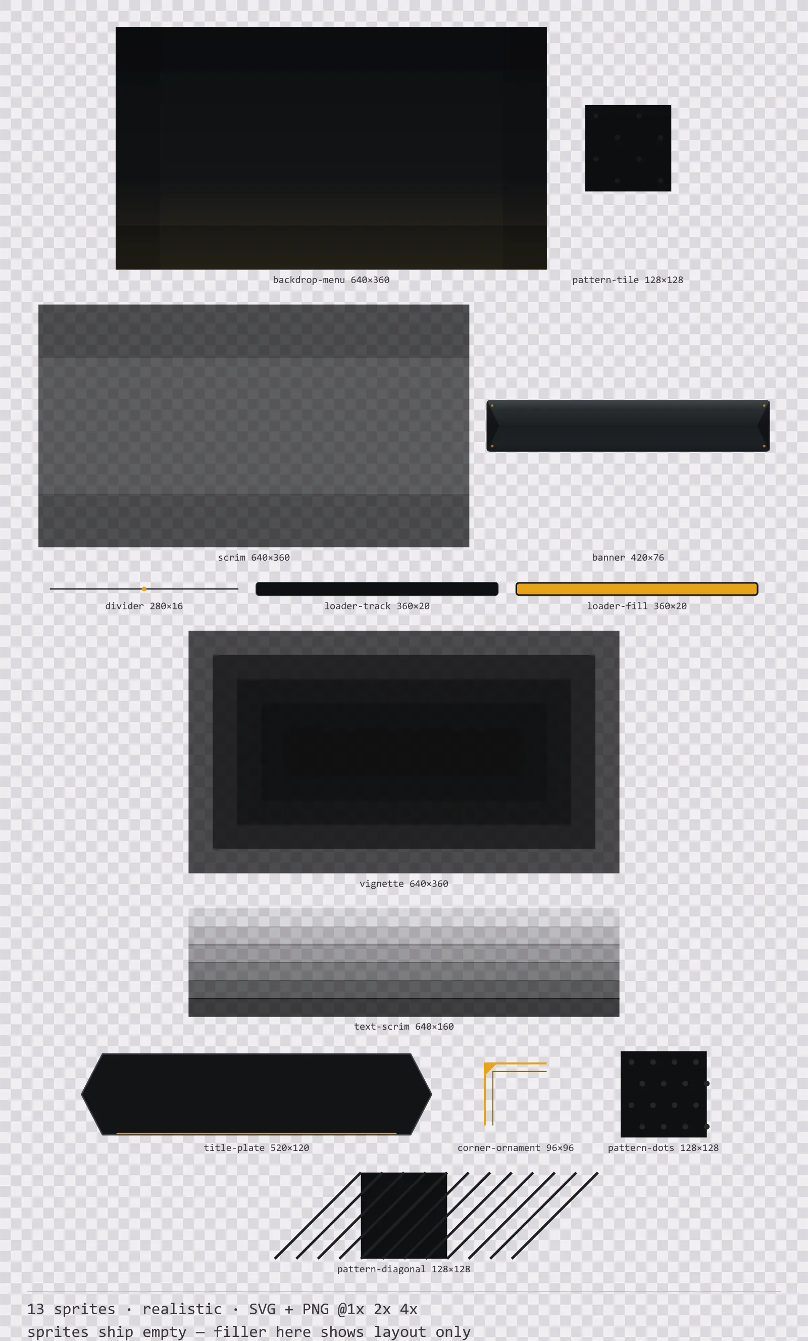 Sheet showing 13 realistic background and overlay pieces from the Carbon family, arranged on a transparency checkerboard with their pixel sizes printed underneath