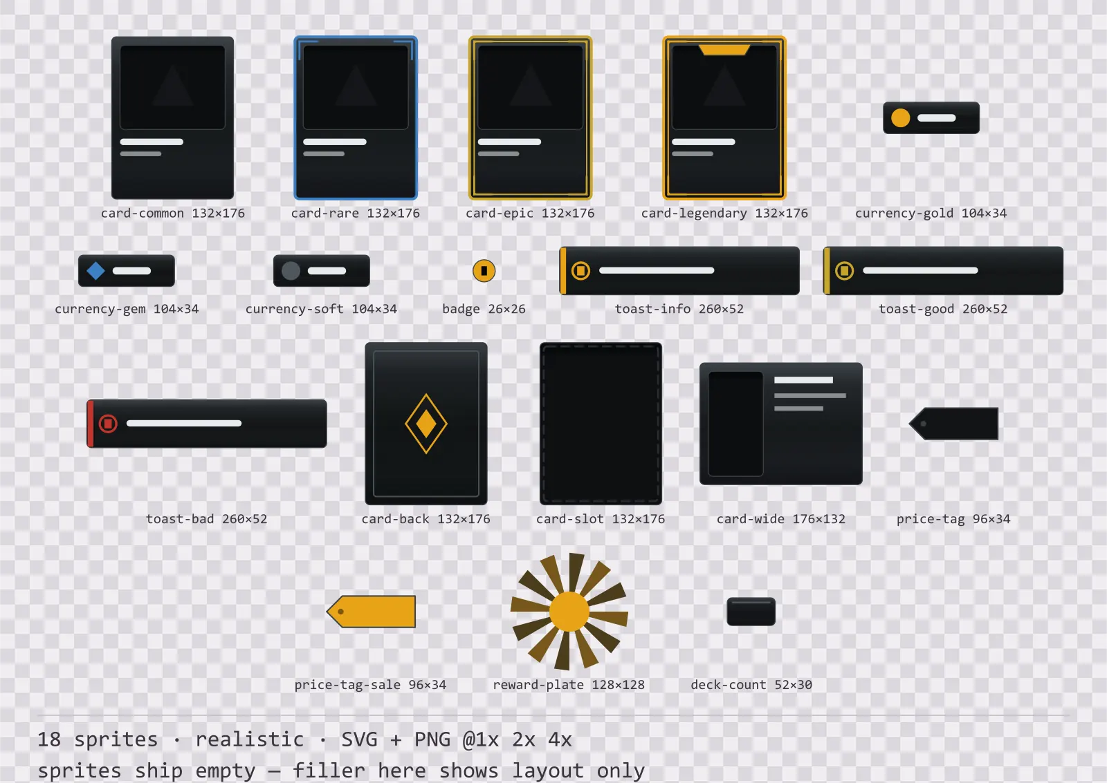Sheet showing 18 realistic card, currency and notification components from the Carbon family, arranged on a transparency checkerboard with their pixel sizes printed underneath