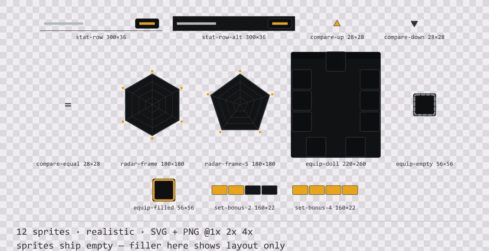Sheet showing 12 realistic character sheet and stat widgets from the Carbon family, arranged on a transparency checkerboard with their pixel sizes printed underneath