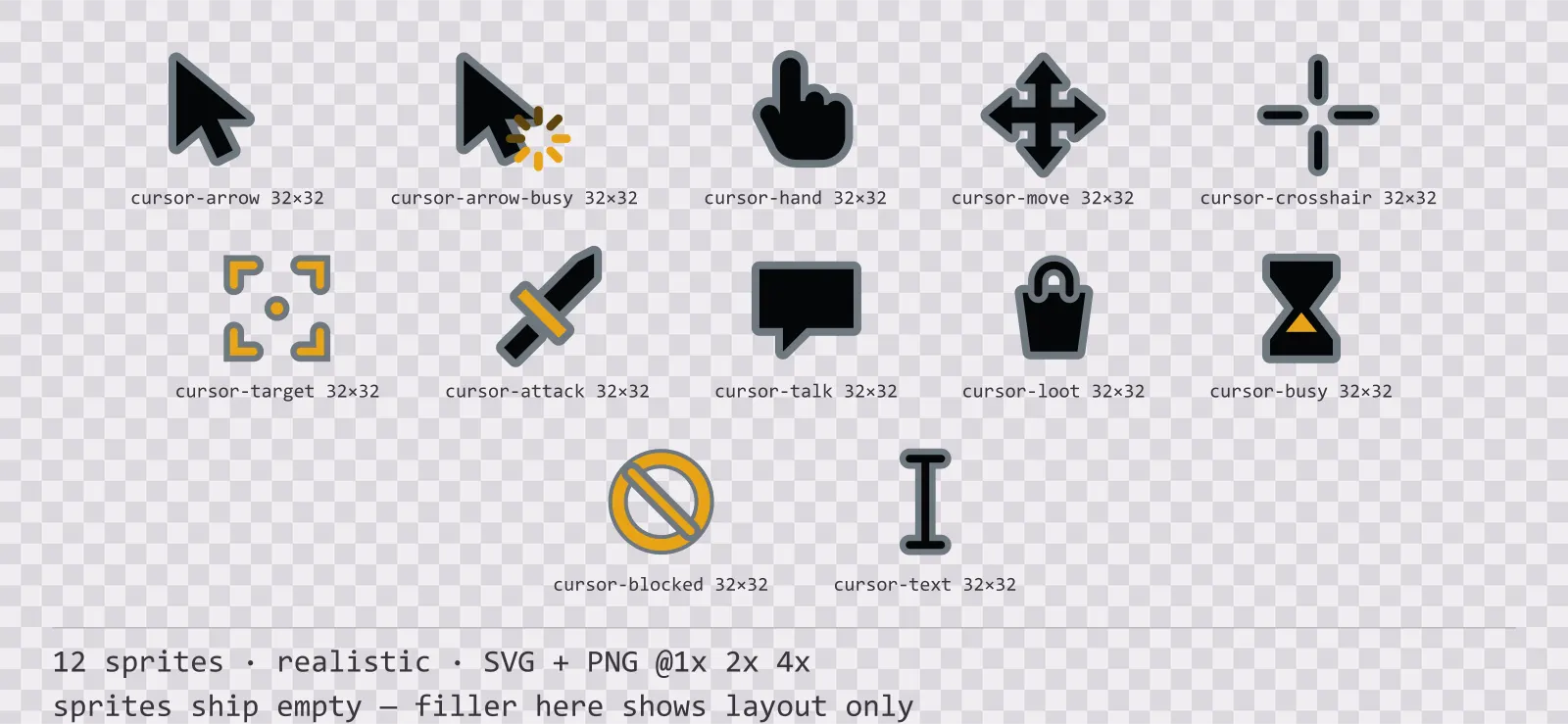 Sheet showing 12 realistic mouse cursors from the Carbon family, arranged on a transparency checkerboard with their pixel sizes printed underneath