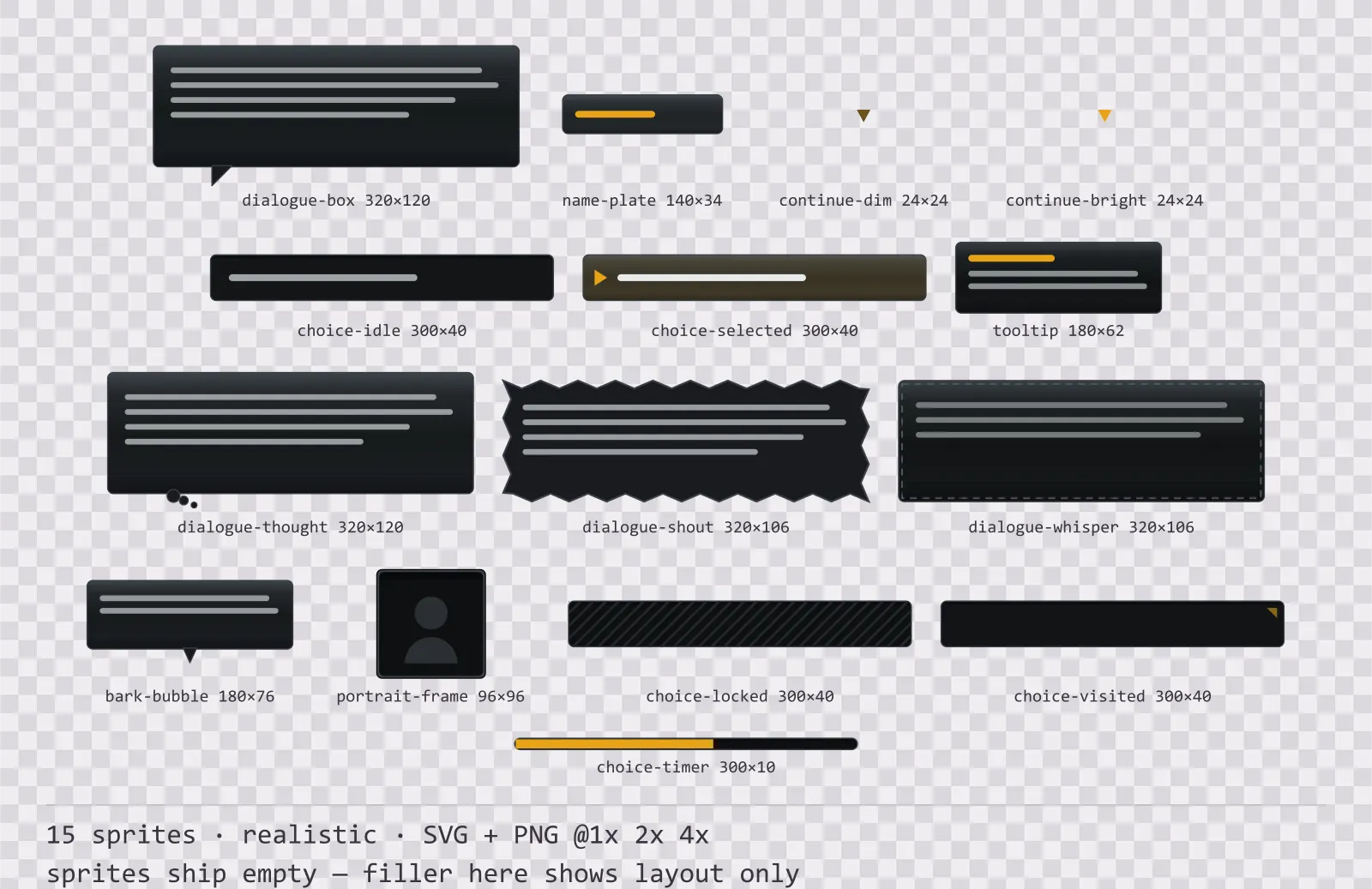 Sheet showing 15 realistic dialogue components from the Carbon family, arranged on a transparency checkerboard with their pixel sizes printed underneath