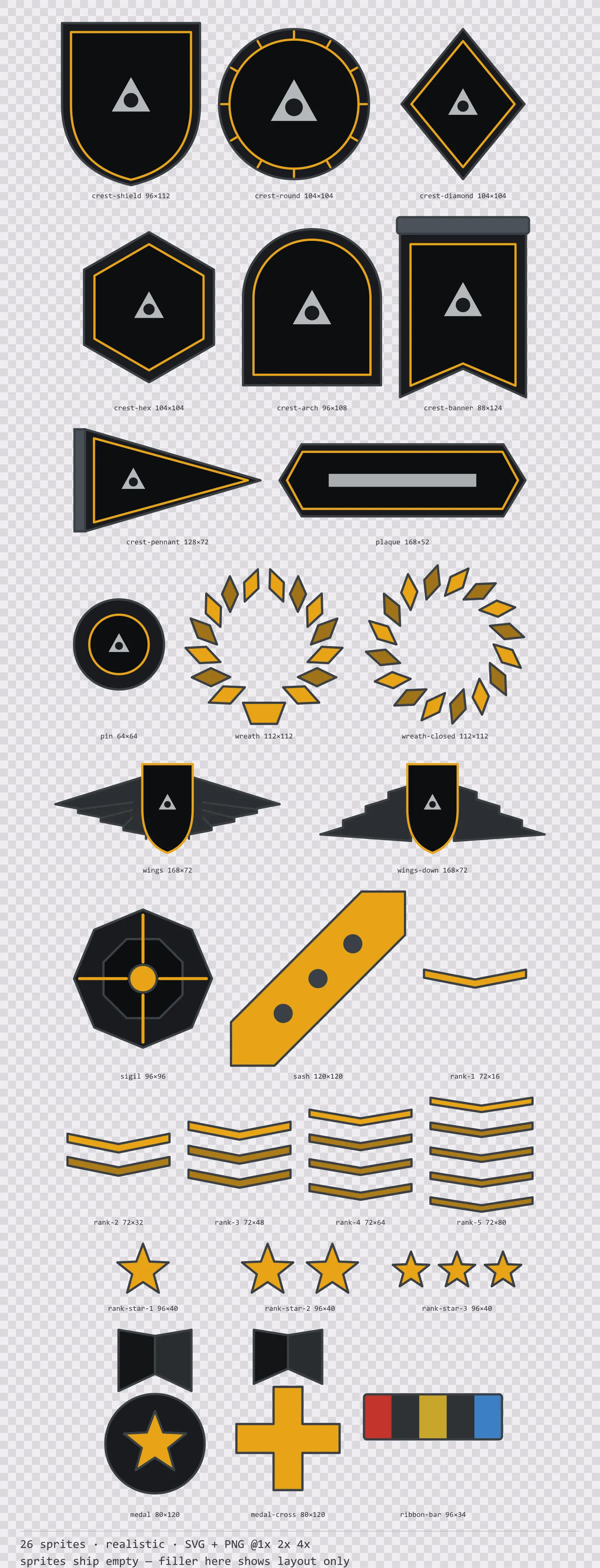 Sheet showing 26 realistic crests, insignia and rank marks from the Carbon family, arranged on a transparency checkerboard with their pixel sizes printed underneath