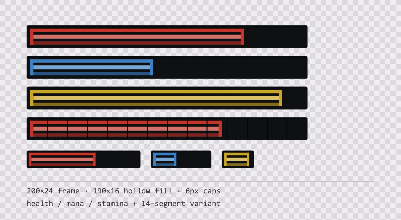 Three horizontal game status bars stacked on a checkerboard background, filled to different levels for health, mana and stamina, with a segmented 14-notch bar and three smaller bars beneath them
