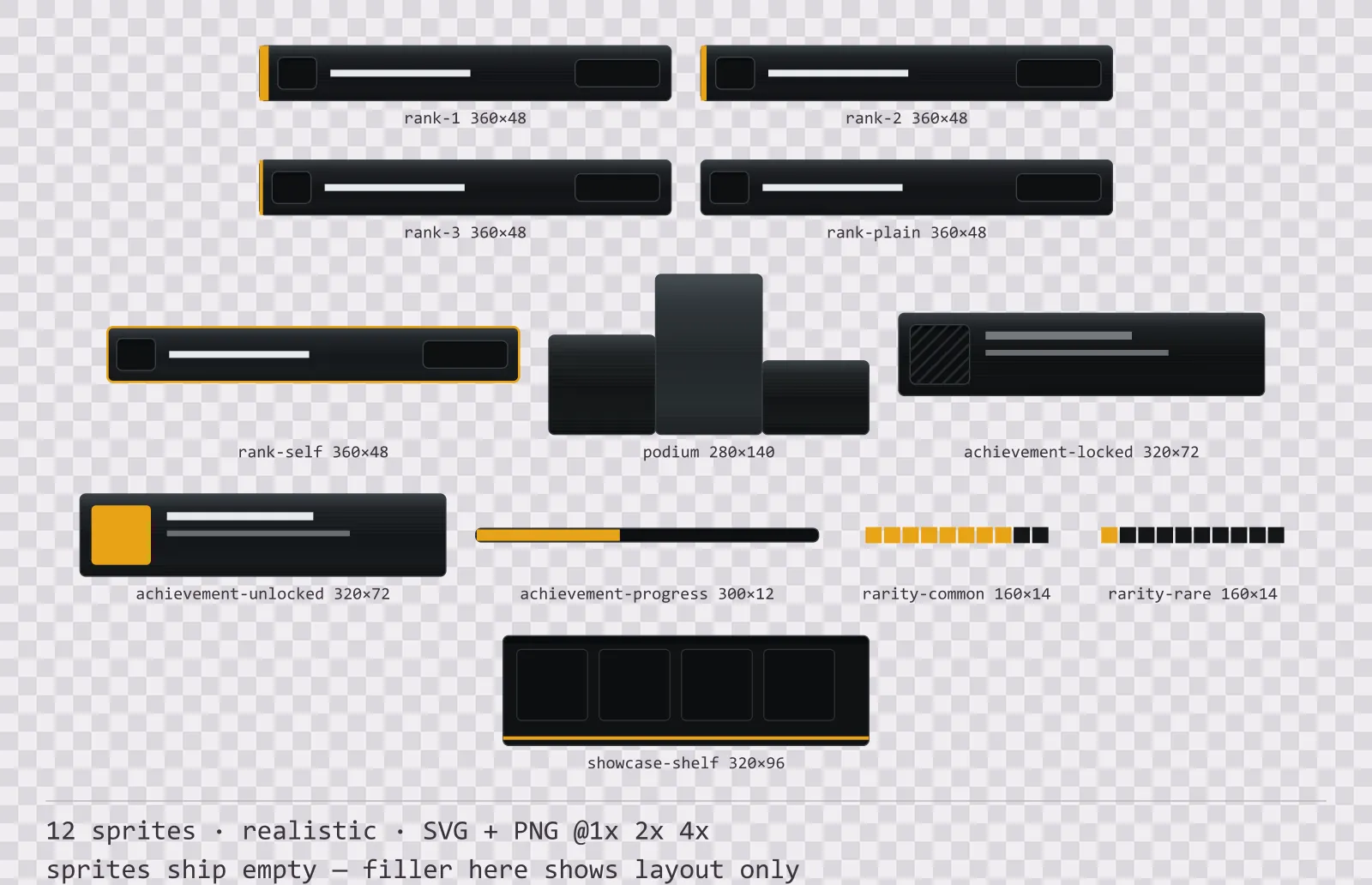 Sheet showing 12 realistic leaderboard and achievement widgets from the Carbon family, arranged on a transparency checkerboard with their pixel sizes printed underneath