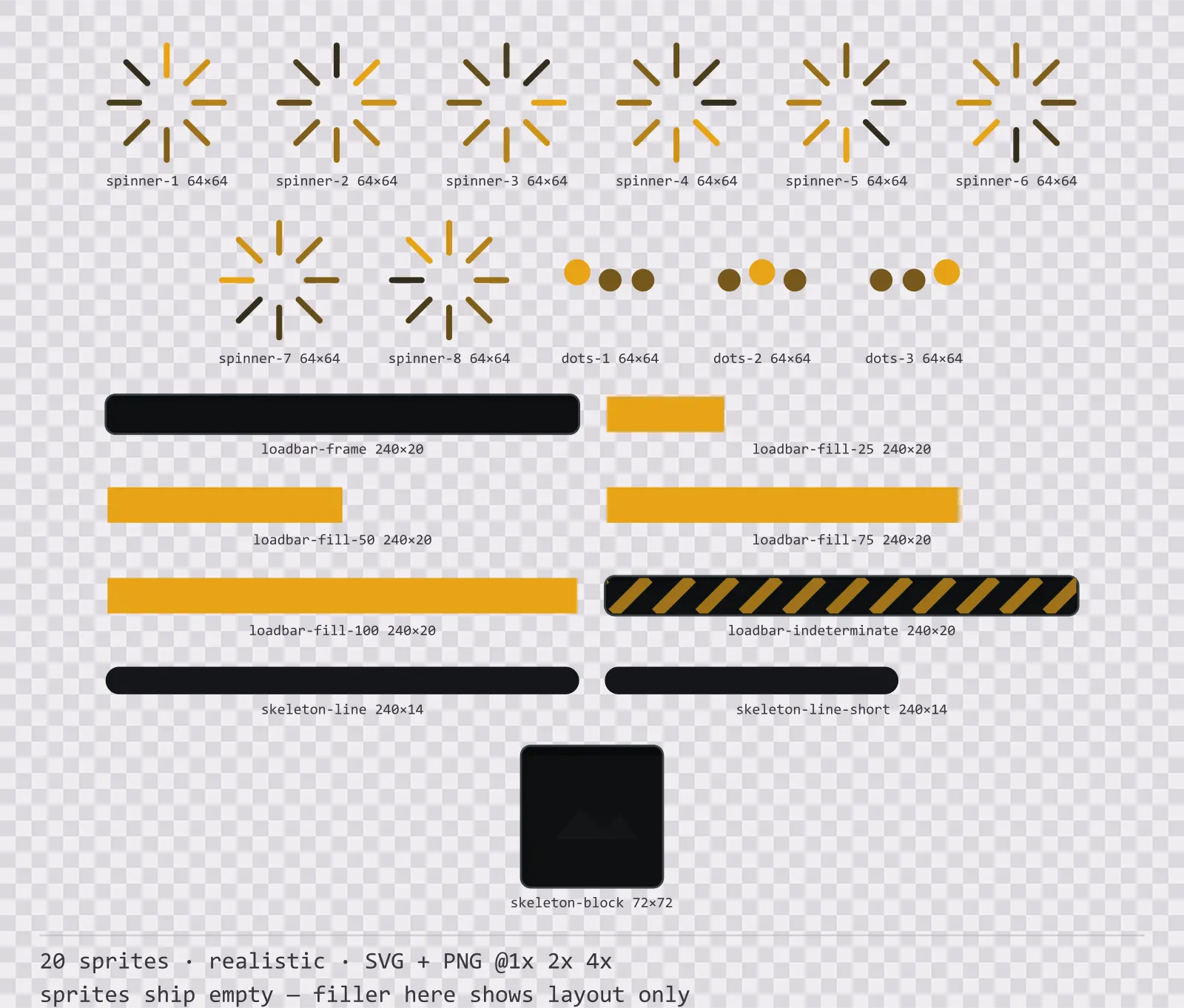 Sheet showing 20 realistic loading and waiting indicators from the Carbon family, arranged on a transparency checkerboard with their pixel sizes printed underneath