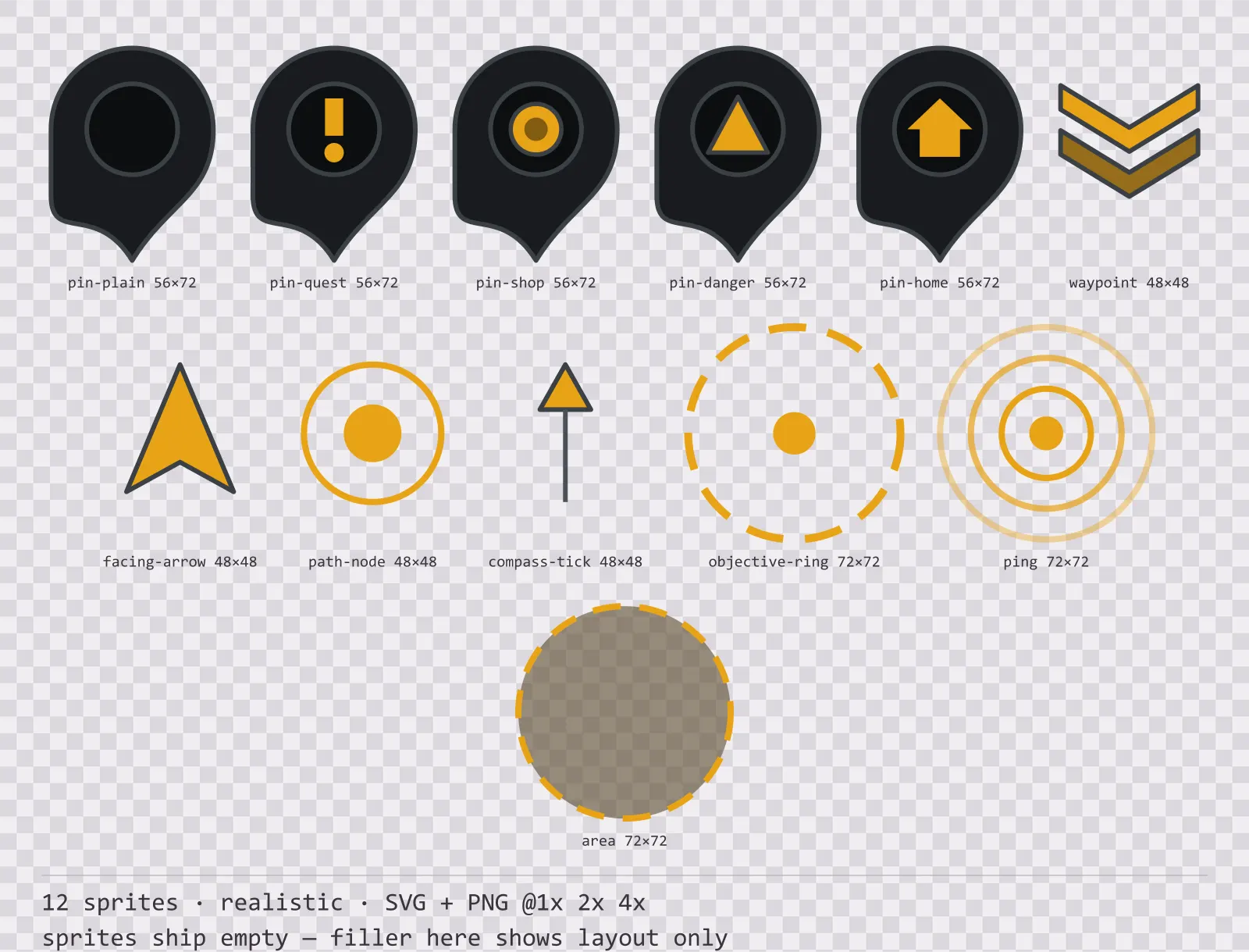 Sheet showing 12 realistic map markers and world indicators from the Carbon family, arranged on a transparency checkerboard with their pixel sizes printed underneath