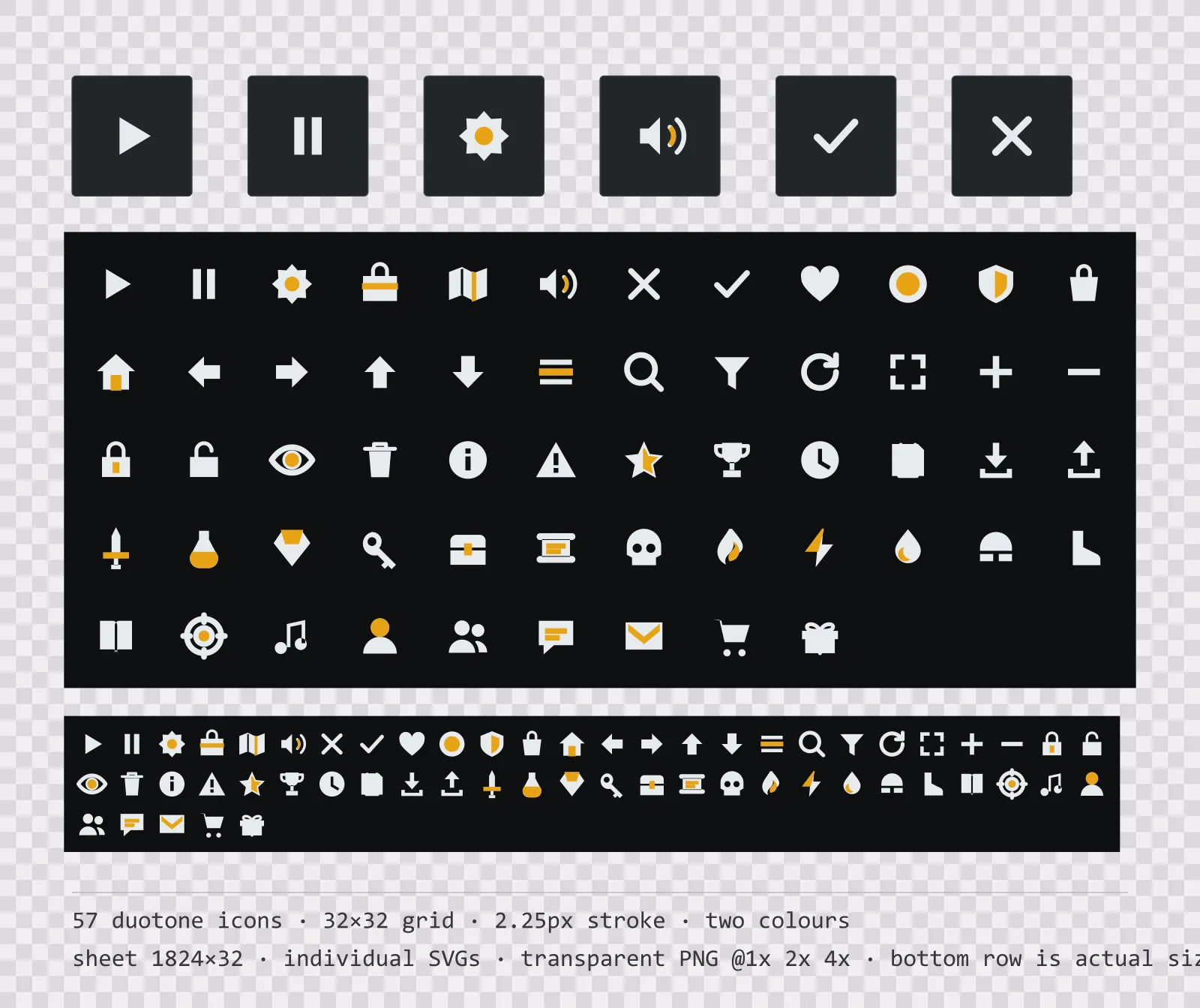 57 two-tone game menu icons on carbon fibre tiles, shown large, laid out on a sheet grid, and again at actual 32 pixel size