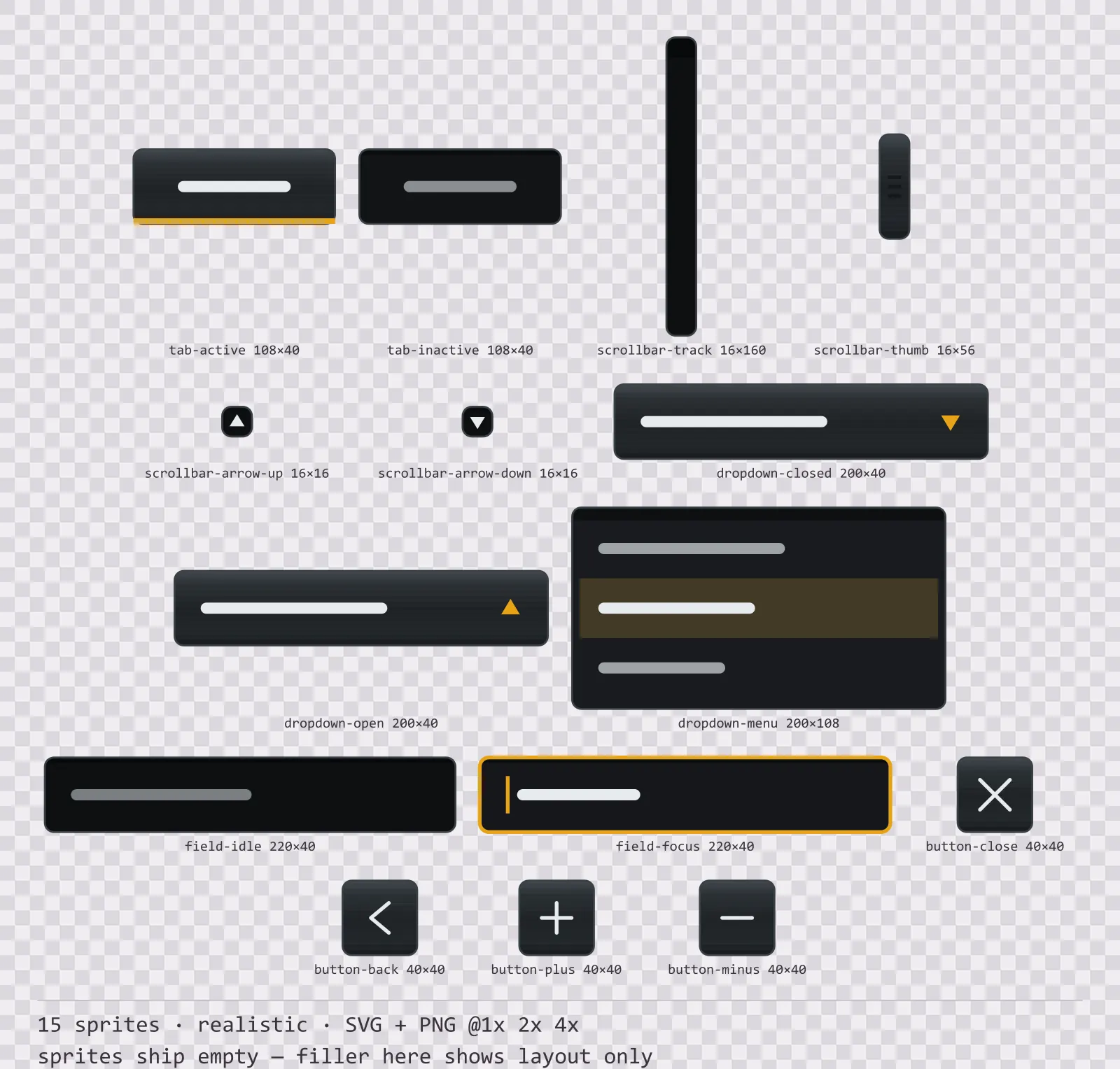 Sheet showing 15 realistic navigation and input components from the Carbon family, arranged on a transparency checkerboard with their pixel sizes printed underneath