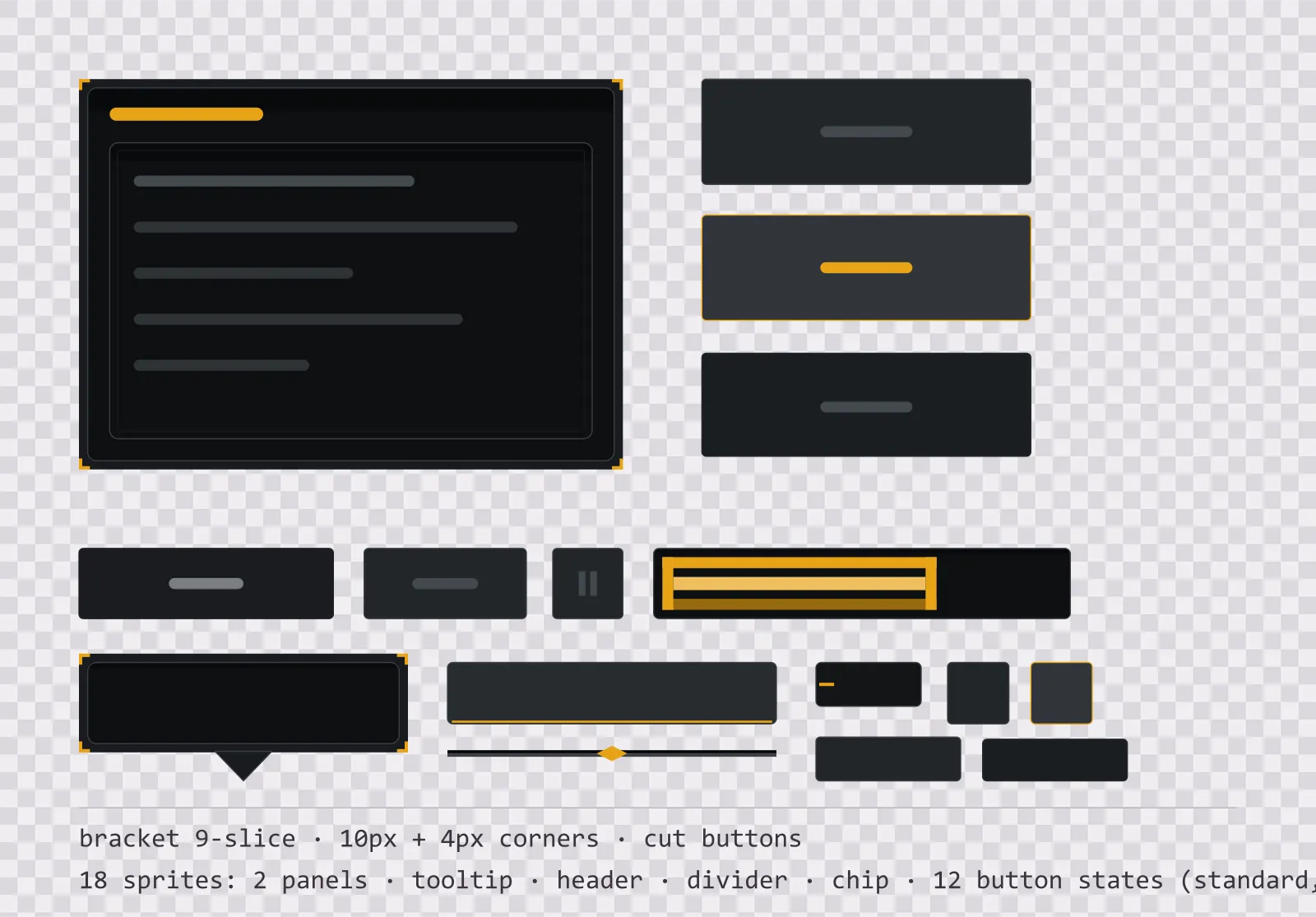 carbon fibre game menu panel with a warning amber title strip and a recessed list area, next to a column showing the same chamfered button in default, outlined hover and pushed-in pressed states