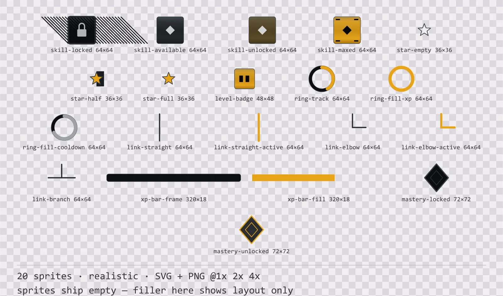 Sheet showing 20 realistic progression and reward components from the Carbon family, arranged on a transparency checkerboard with their pixel sizes printed underneath