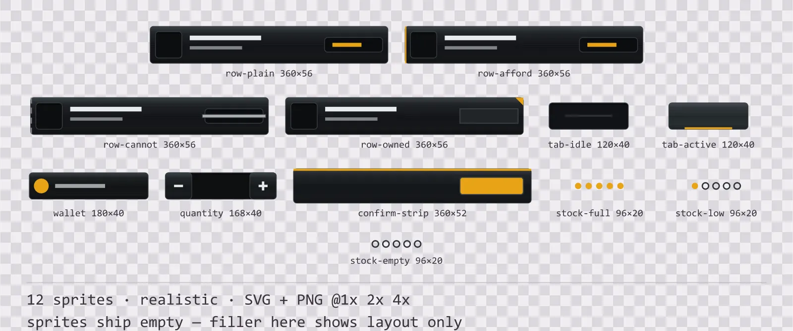 Sheet showing 12 realistic shop and economy widgets from the Carbon family, arranged on a transparency checkerboard with their pixel sizes printed underneath