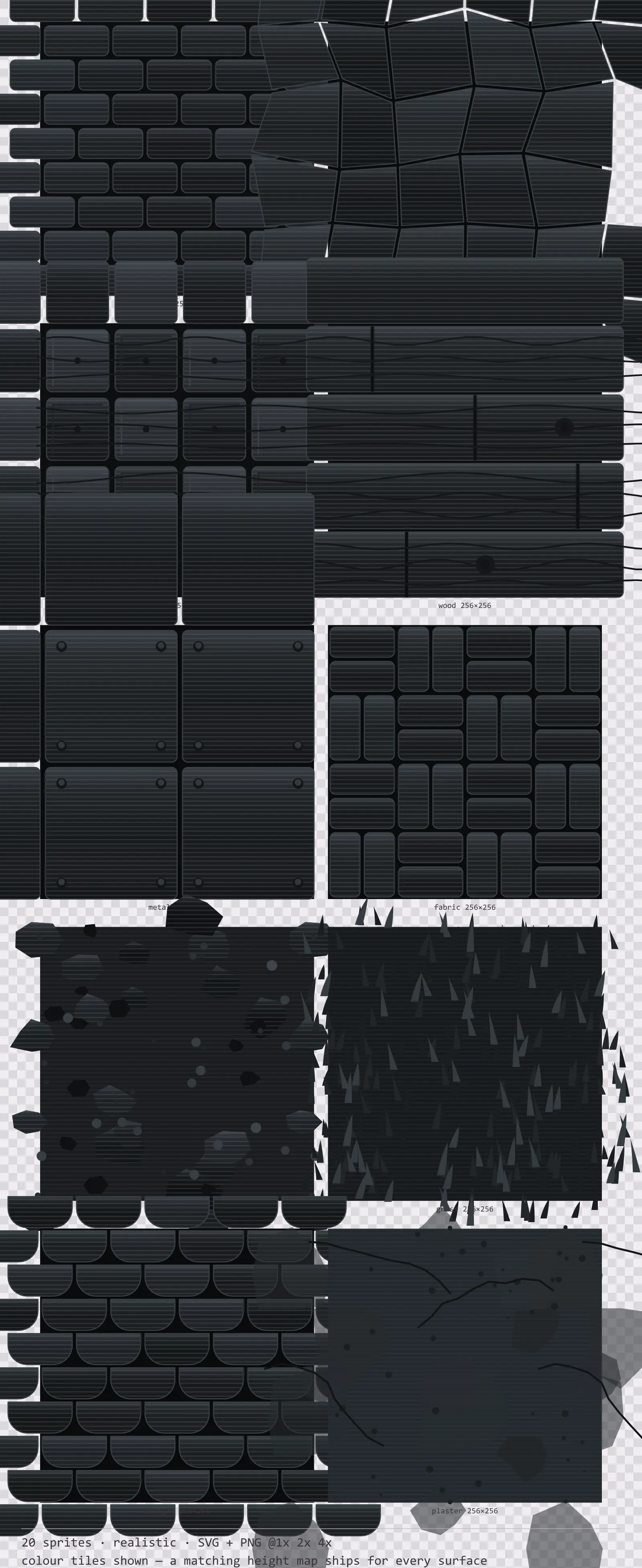 Sheet showing 20 realistic tiling surface textures from the Carbon family, arranged on a transparency checkerboard with their pixel sizes printed underneath
