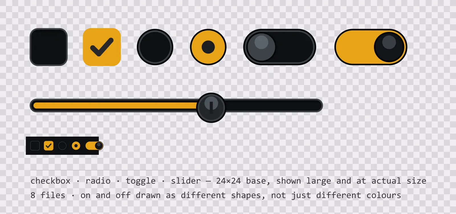 Game settings controls on a checkerboard background — an empty and a ticked checkbox, an unselected and a selected radio button, a toggle switch shown off and on, and a slider track with its knob