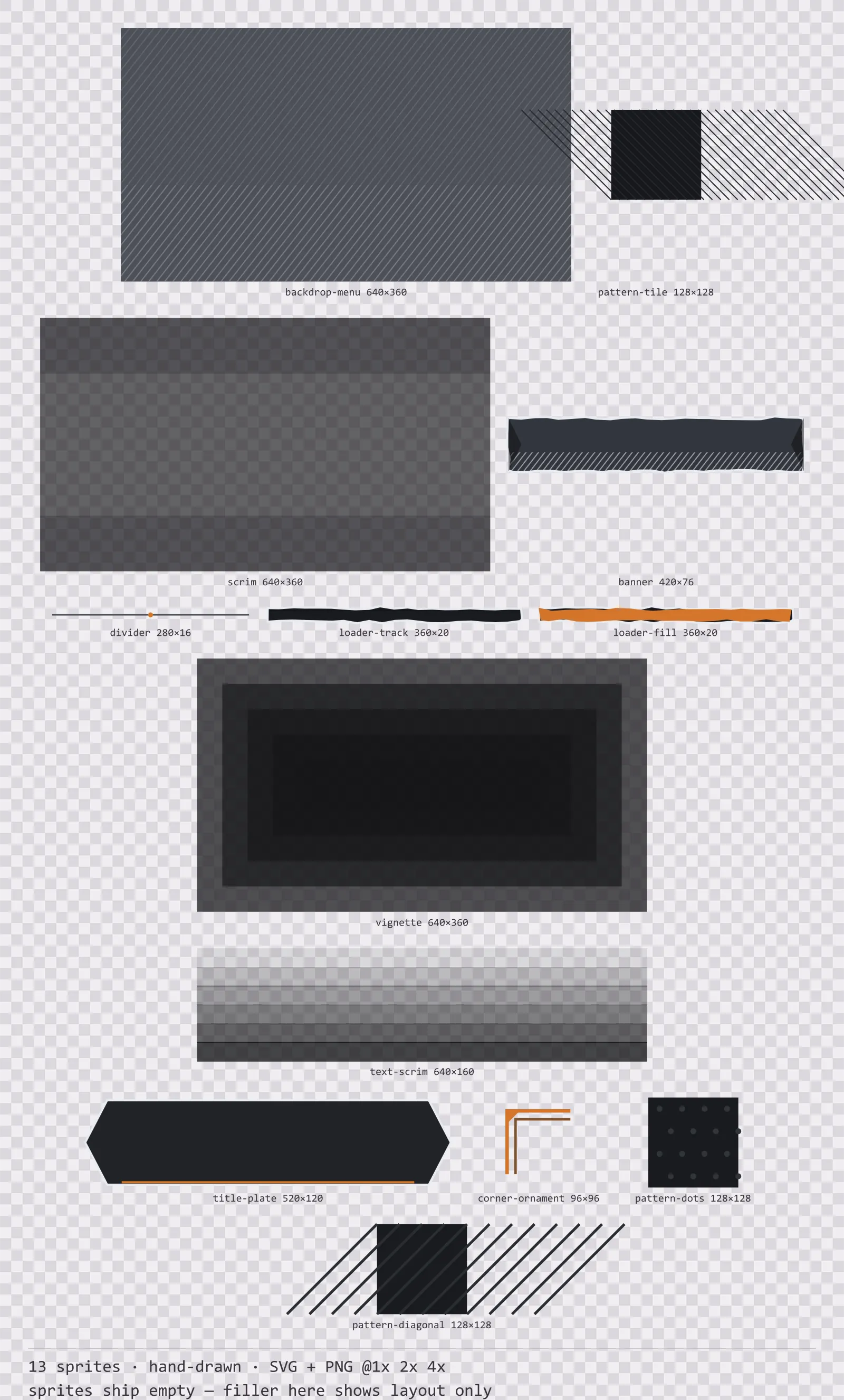Sheet showing 13 hand-drawn background and overlay pieces from the Charcoal family, arranged on a transparency checkerboard with their pixel sizes printed underneath