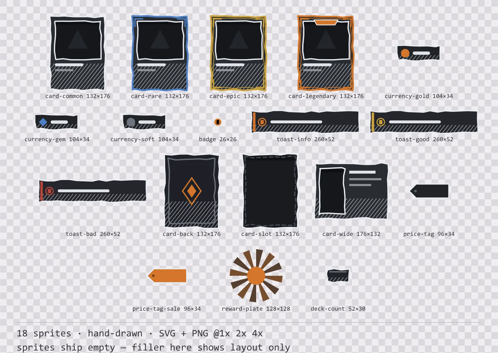 Sheet showing 18 hand-drawn card, currency and notification components from the Charcoal family, arranged on a transparency checkerboard with their pixel sizes printed underneath
