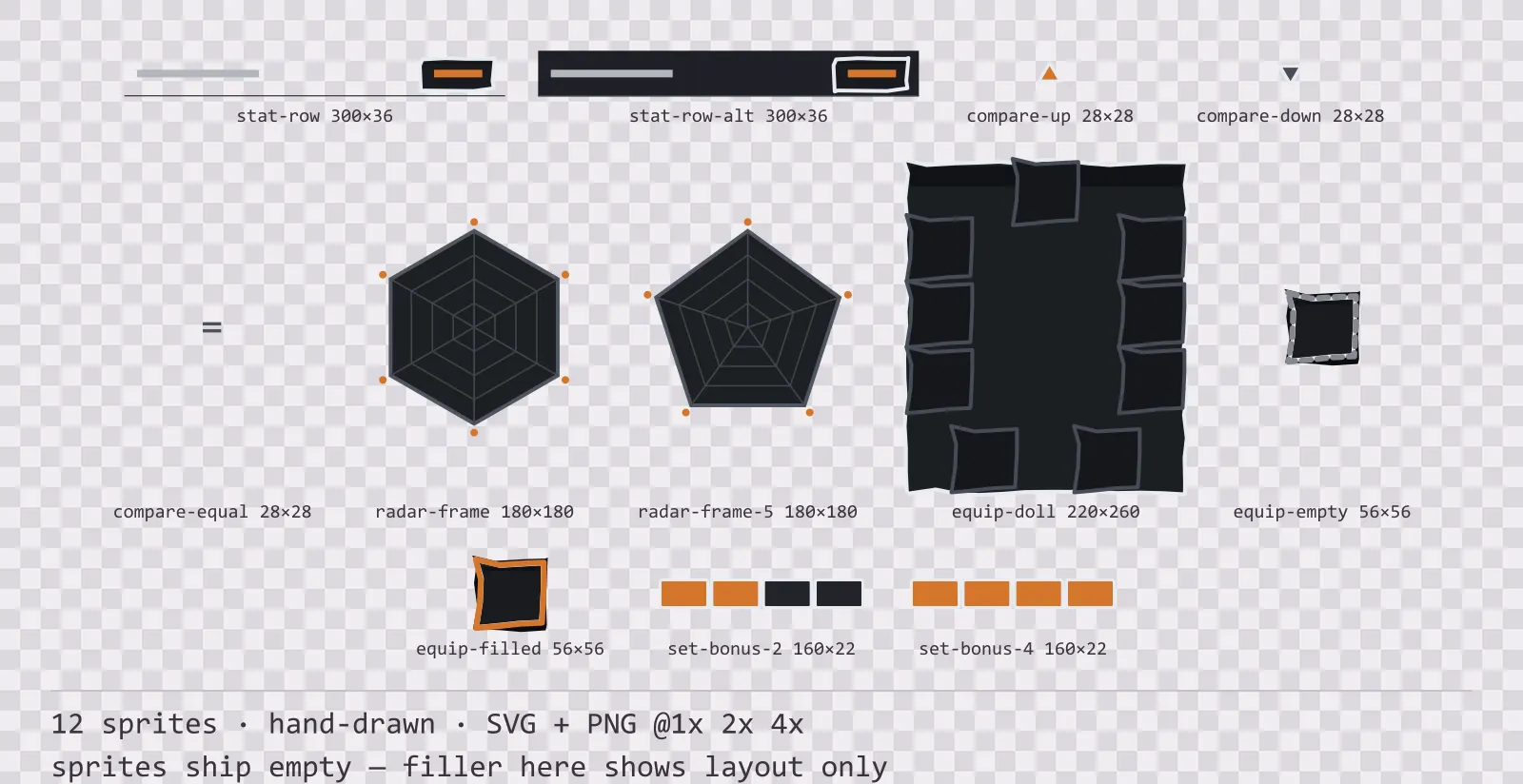 Sheet showing 12 hand-drawn character sheet and stat widgets from the Charcoal family, arranged on a transparency checkerboard with their pixel sizes printed underneath