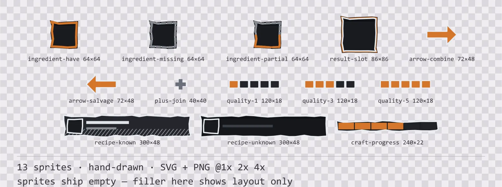 Sheet showing 13 hand-drawn crafting and recipe widgets from the Charcoal family, arranged on a transparency checkerboard with their pixel sizes printed underneath