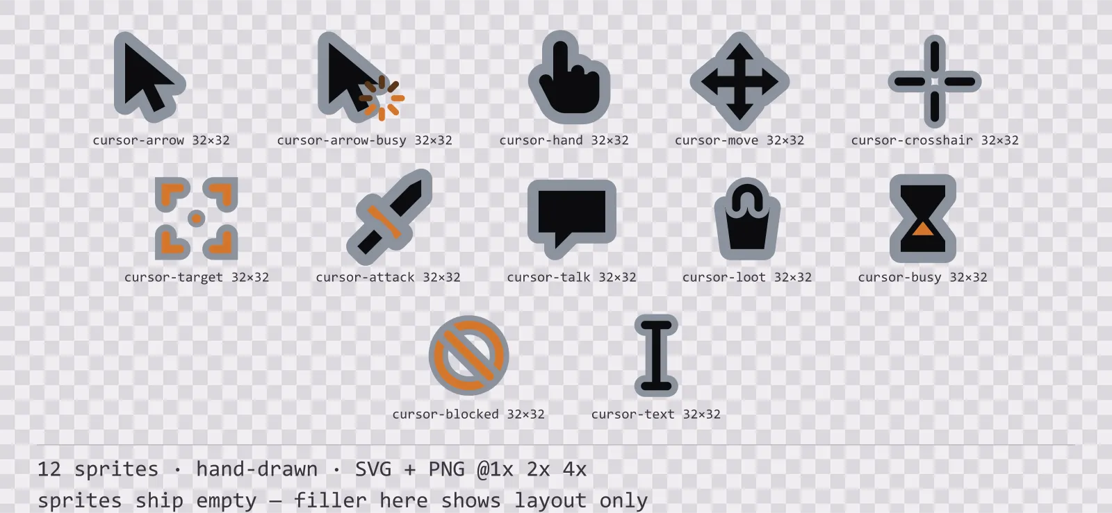 Sheet showing 12 hand-drawn mouse cursors from the Charcoal family, arranged on a transparency checkerboard with their pixel sizes printed underneath