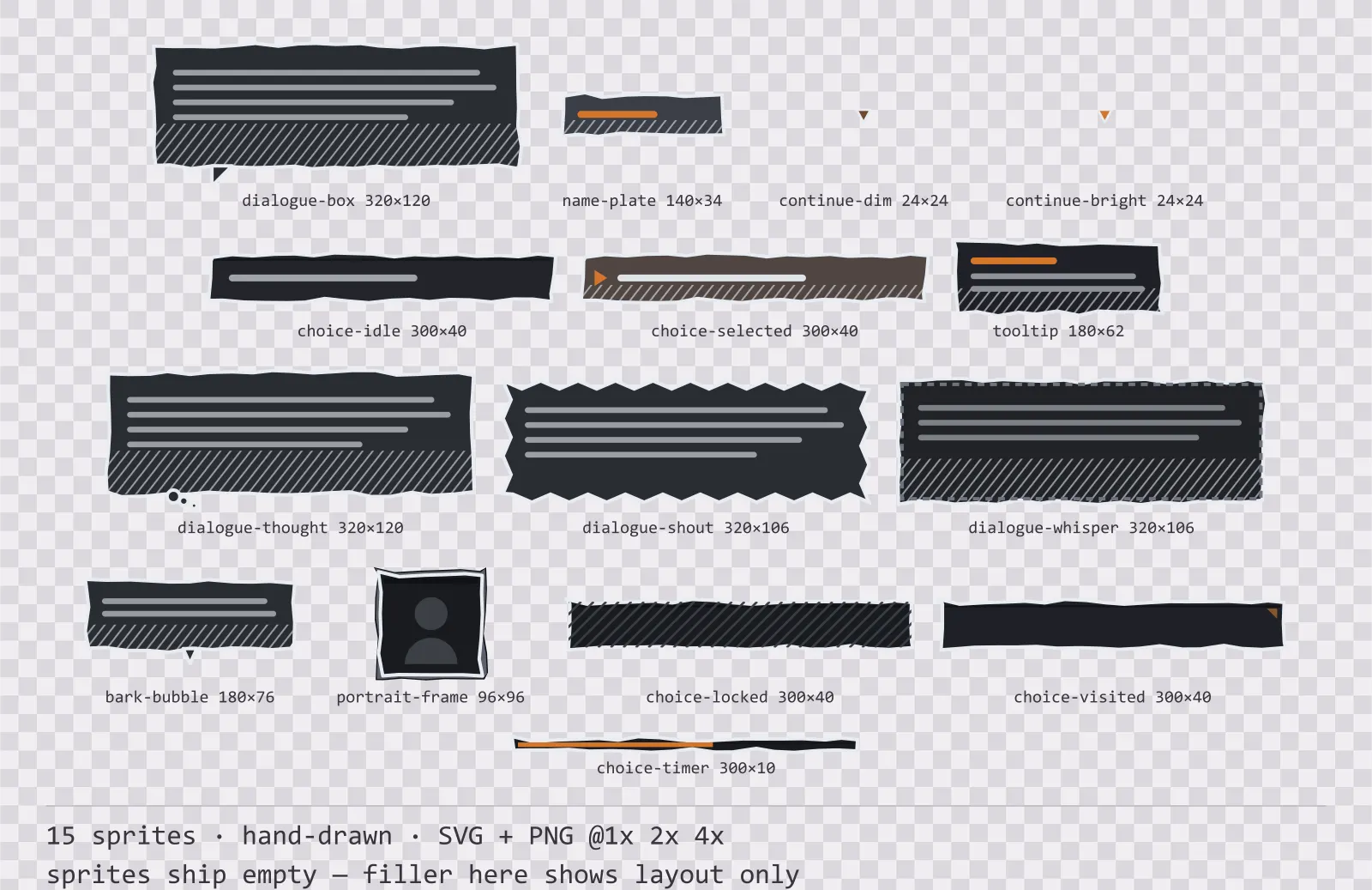 Sheet showing 15 hand-drawn dialogue components from the Charcoal family, arranged on a transparency checkerboard with their pixel sizes printed underneath