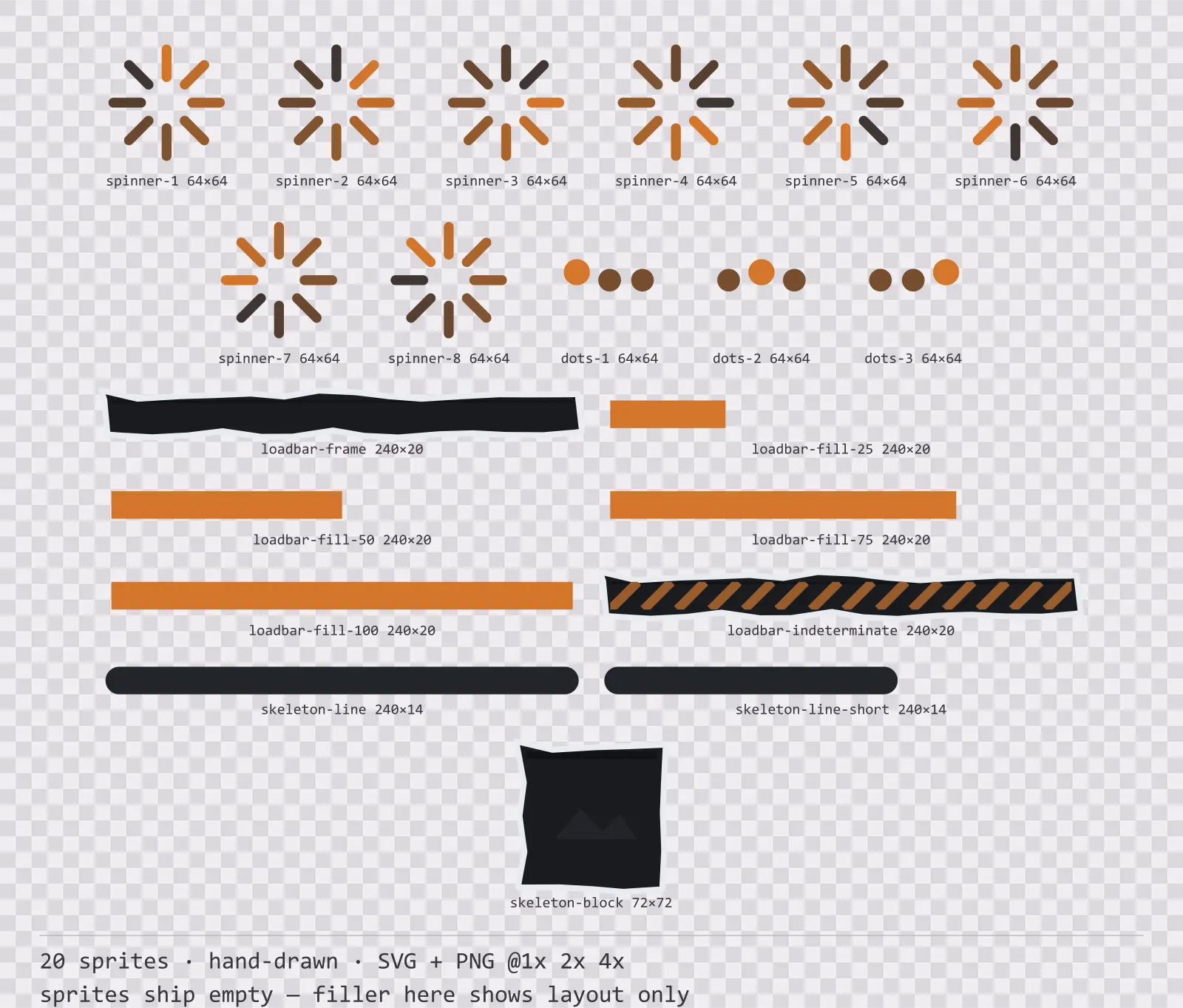 Sheet showing 20 hand-drawn loading and waiting indicators from the Charcoal family, arranged on a transparency checkerboard with their pixel sizes printed underneath