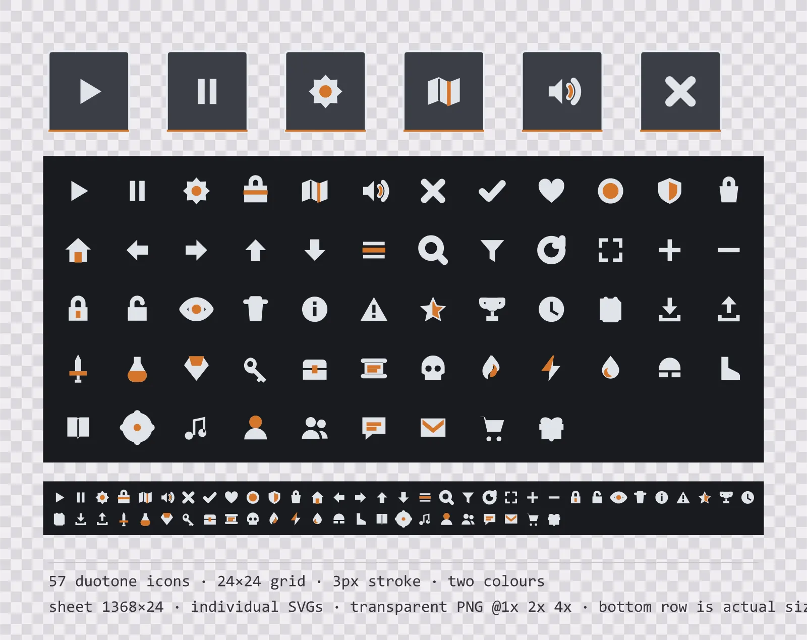 57 two-tone game menu icons on chalk on slate tiles, shown large, laid out on a sheet grid, and again at actual 24 pixel size