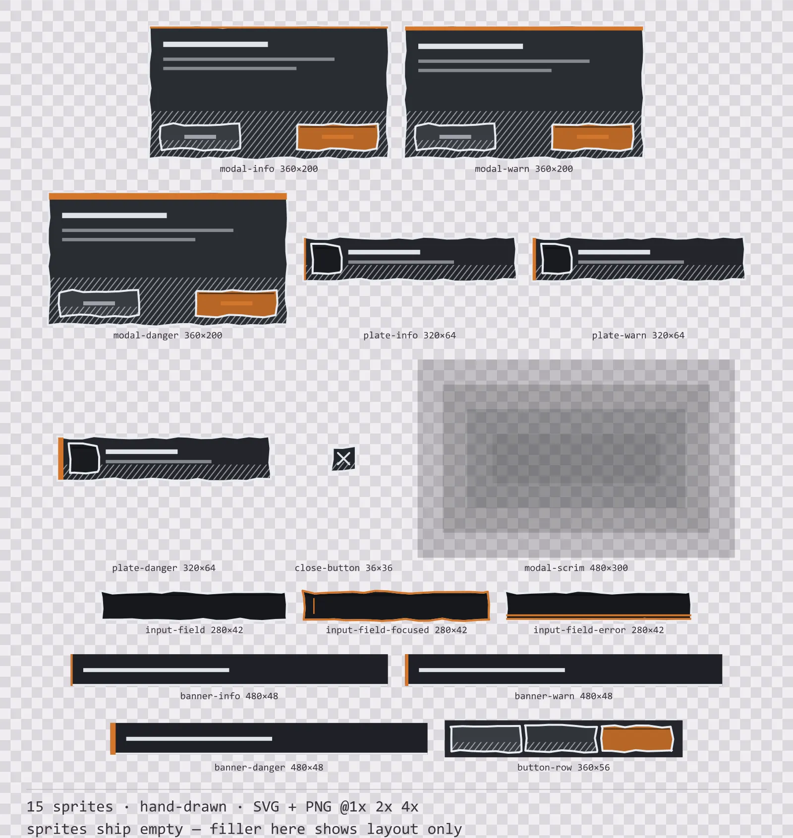 Sheet showing 15 hand-drawn modal dialogs and system notices from the Charcoal family, arranged on a transparency checkerboard with their pixel sizes printed underneath