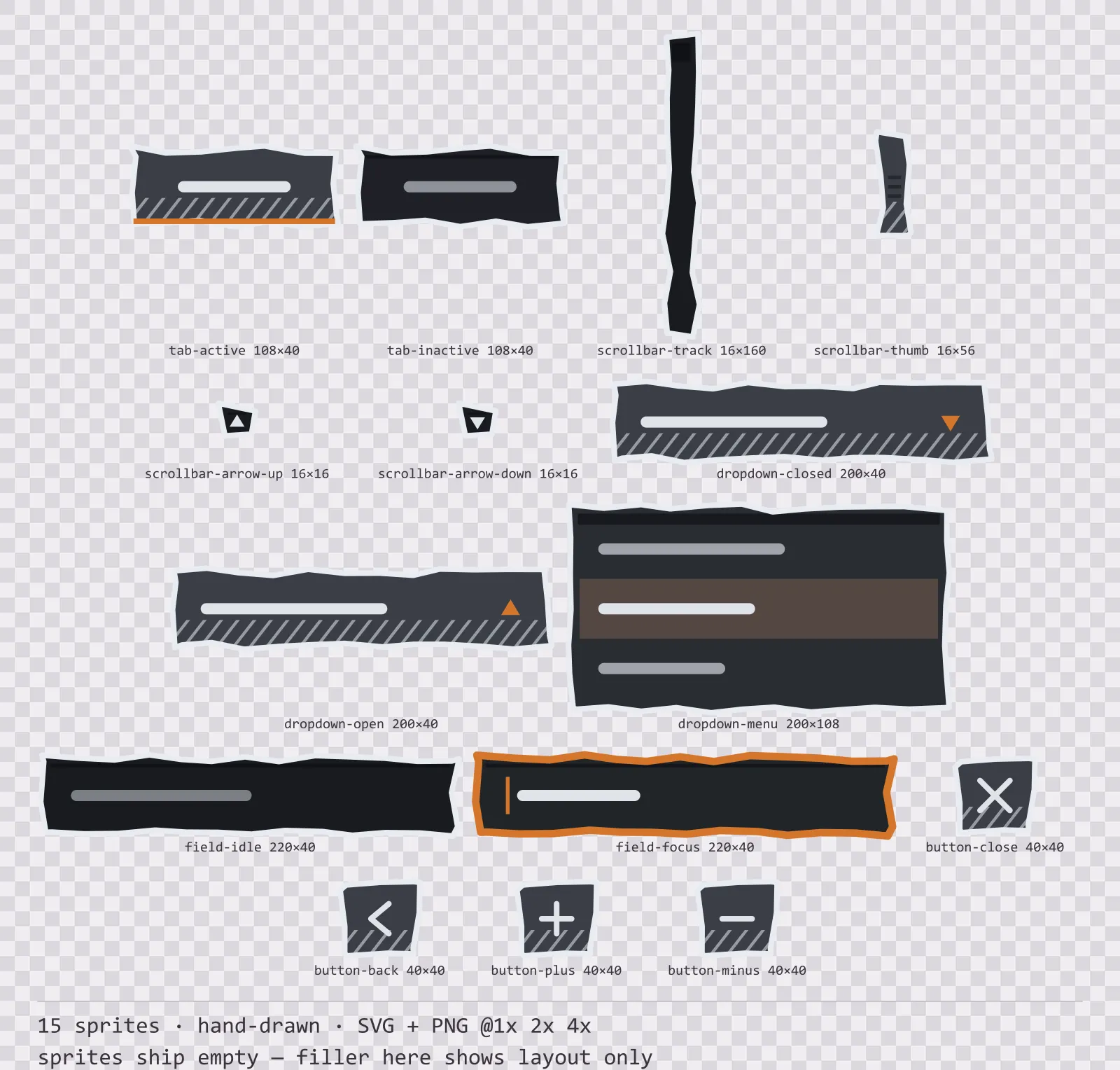 Sheet showing 15 hand-drawn navigation and input components from the Charcoal family, arranged on a transparency checkerboard with their pixel sizes printed underneath