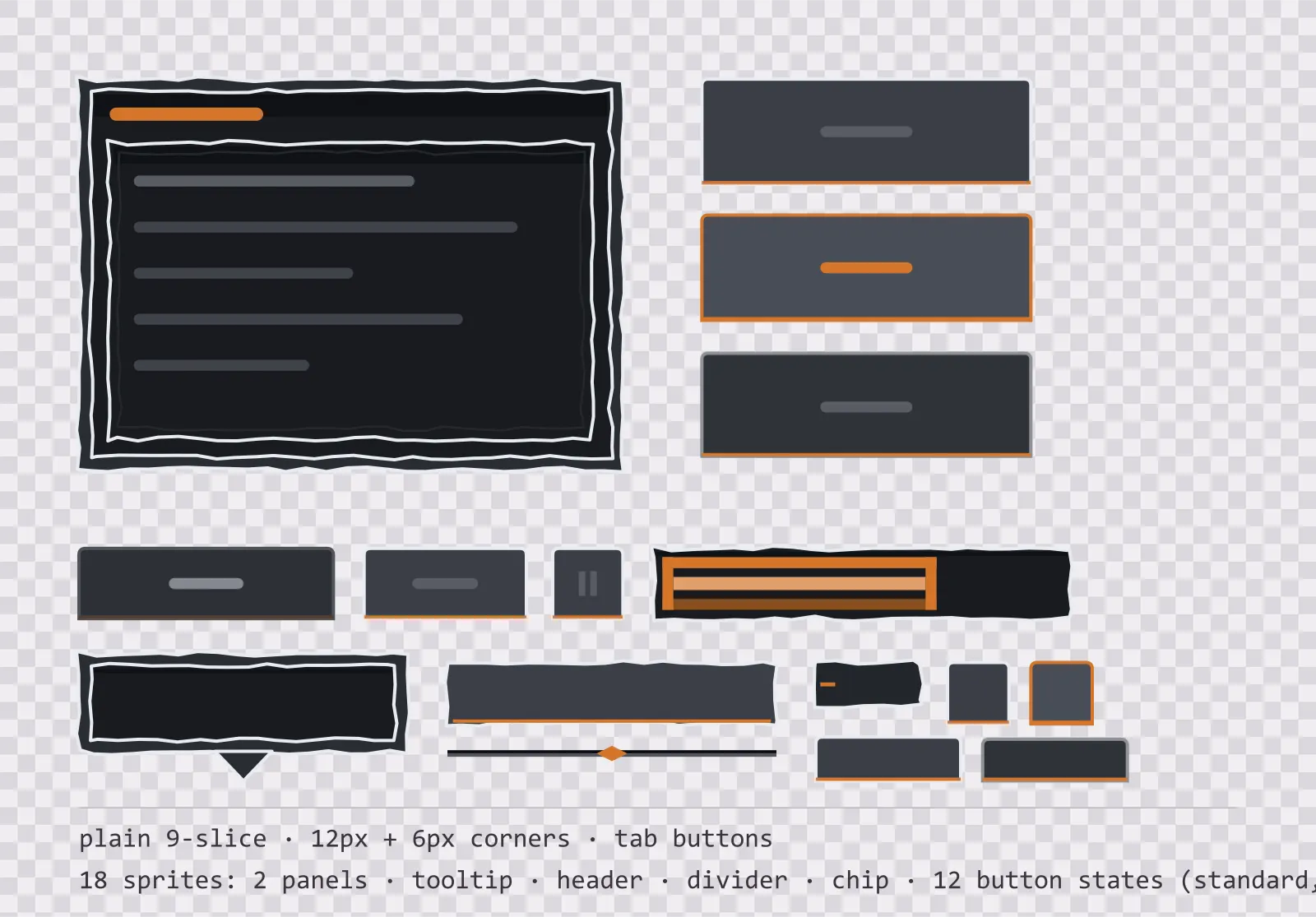 chalk on slate game menu panel with a ember orange title strip and a recessed list area, next to a column showing the same tab button in default, outlined hover and pushed-in pressed states
