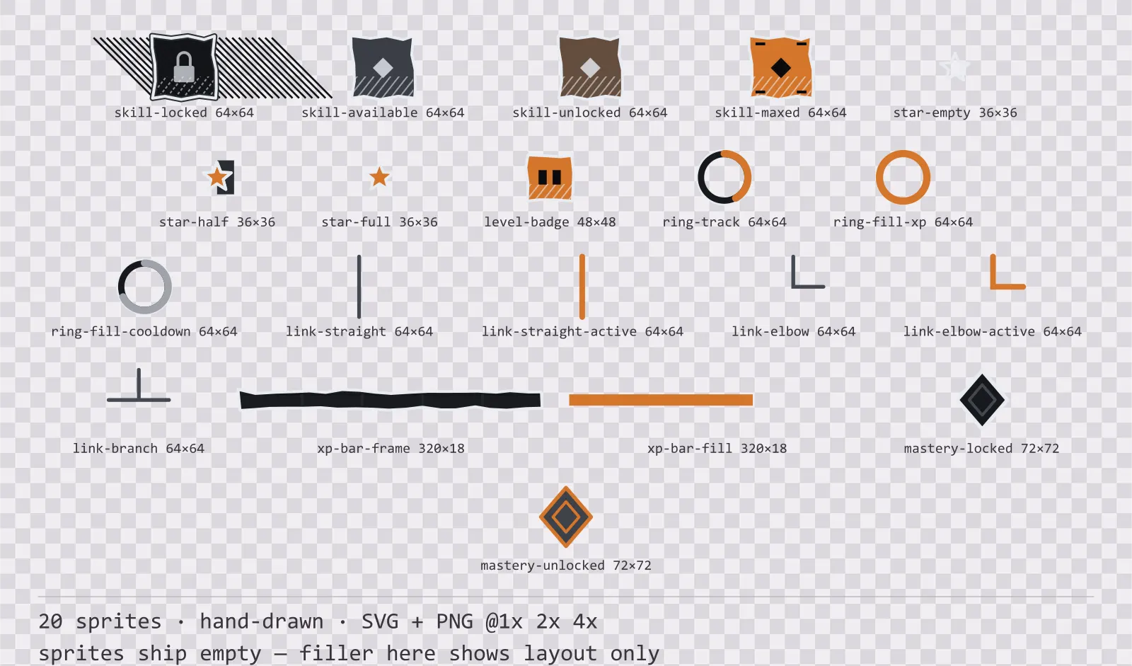 Sheet showing 20 hand-drawn progression and reward components from the Charcoal family, arranged on a transparency checkerboard with their pixel sizes printed underneath