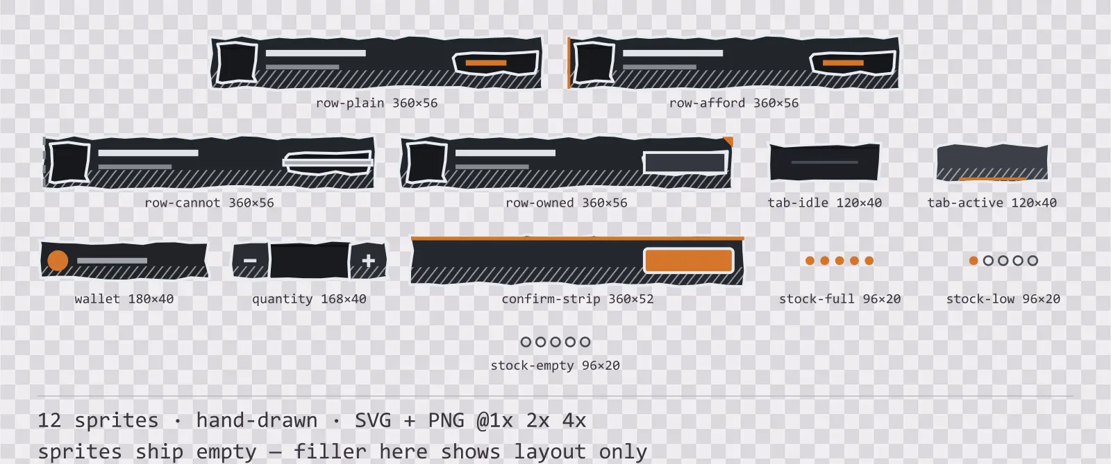Sheet showing 12 hand-drawn shop and economy widgets from the Charcoal family, arranged on a transparency checkerboard with their pixel sizes printed underneath