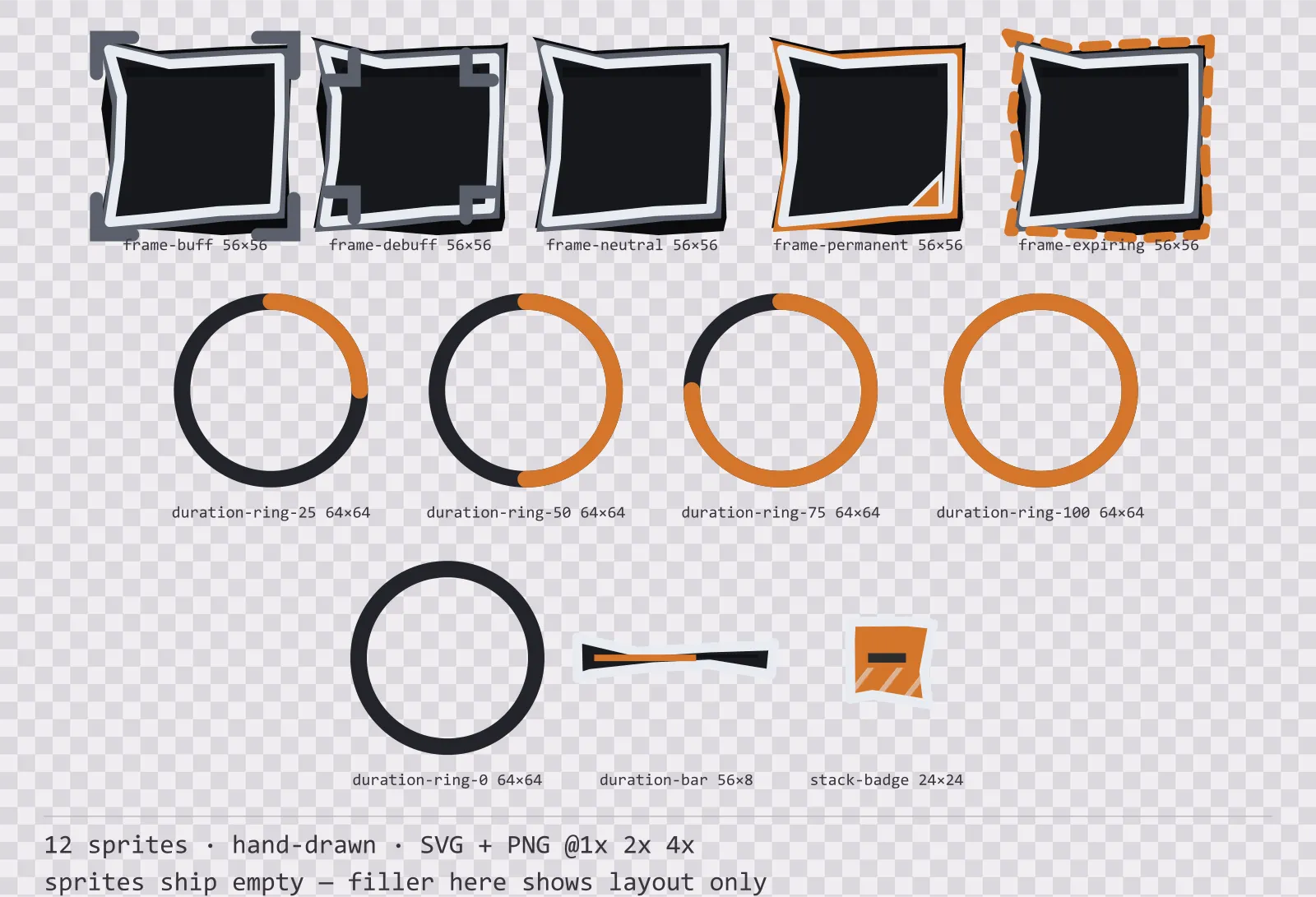 Sheet showing 12 hand-drawn status effect frames and duration indicators from the Charcoal family, arranged on a transparency checkerboard with their pixel sizes printed underneath