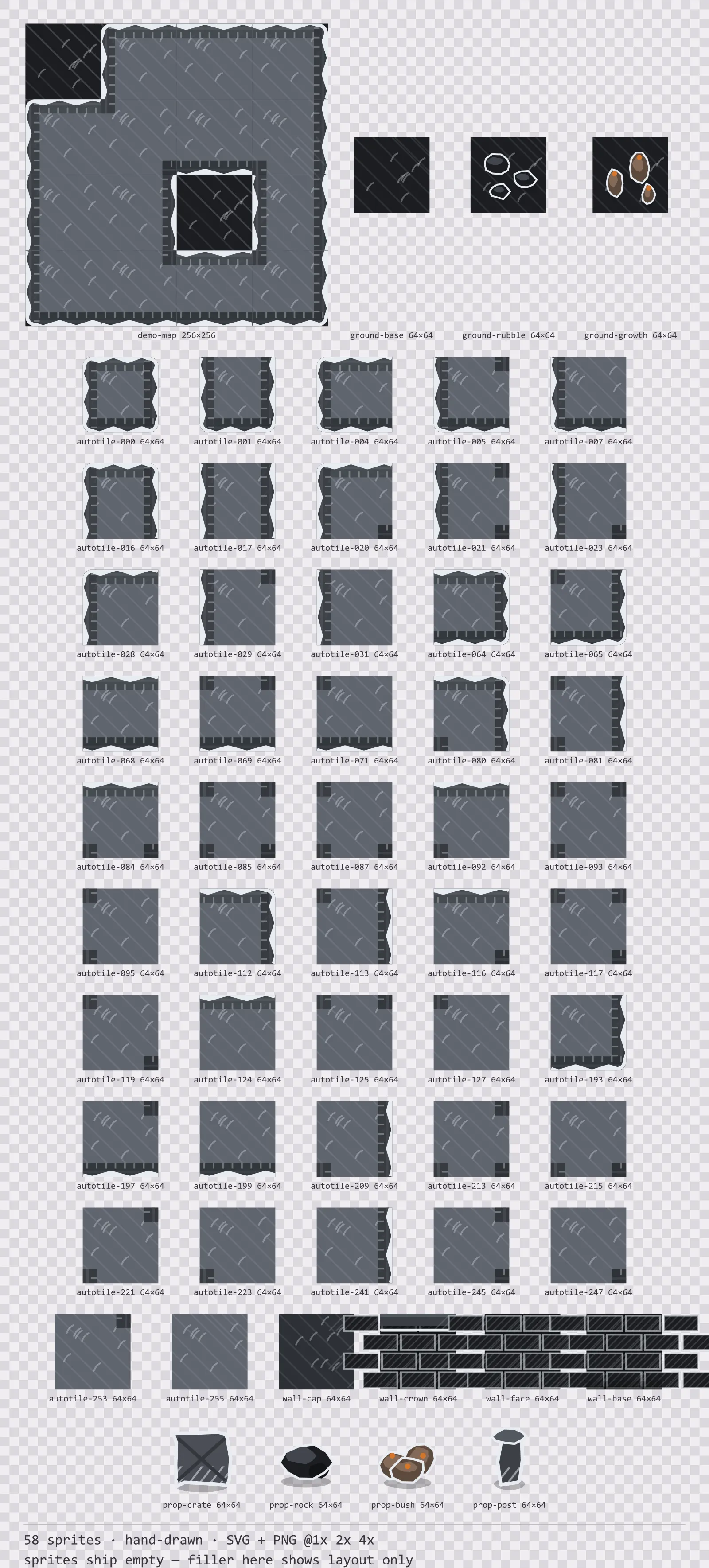 Sheet showing 58 hand-drawn tiles from the Charcoal family, arranged on a transparency checkerboard with their pixel sizes printed underneath