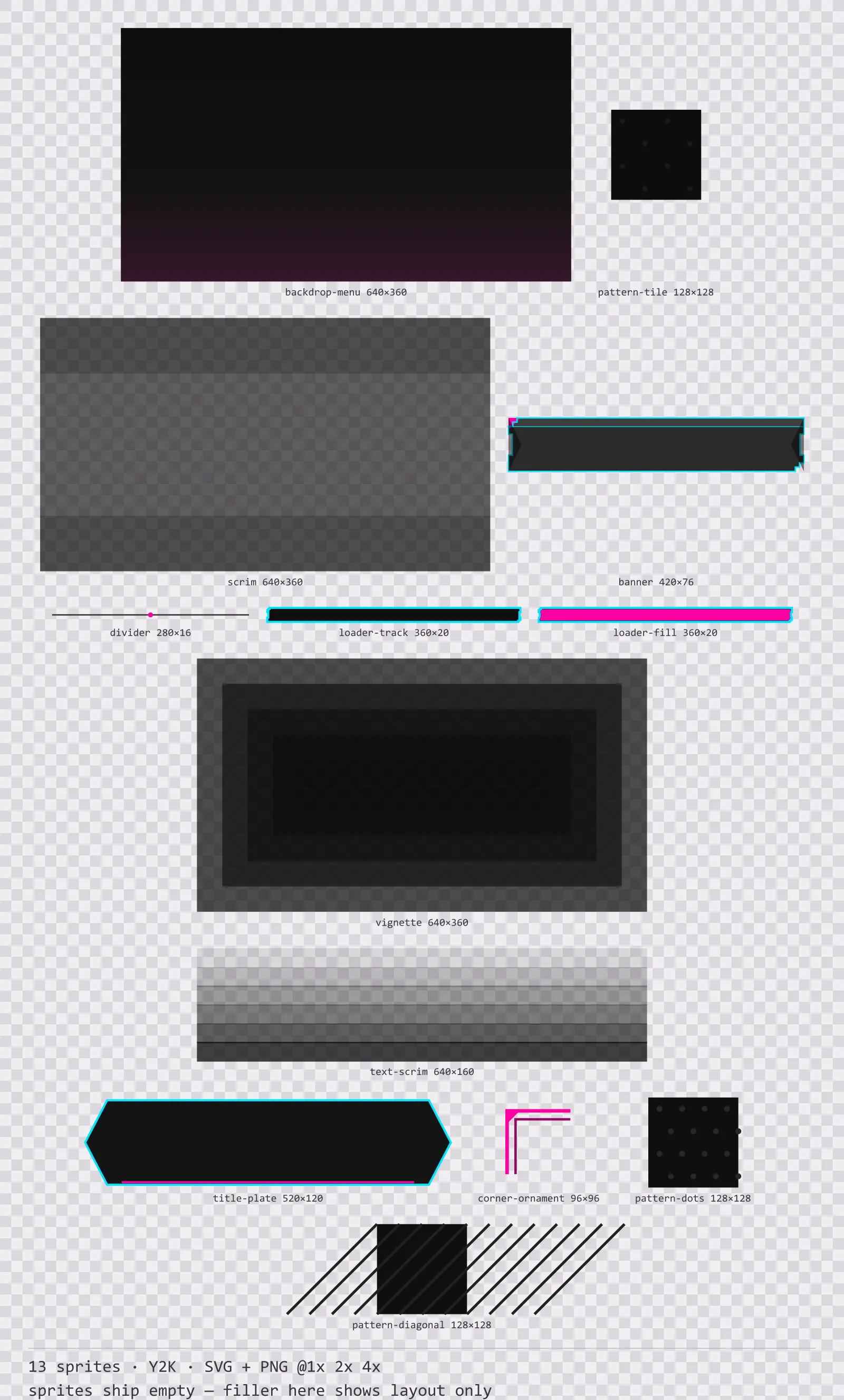 Sheet showing 13 Y2K background and overlay pieces from the Chromepop family, arranged on a transparency checkerboard with their pixel sizes printed underneath