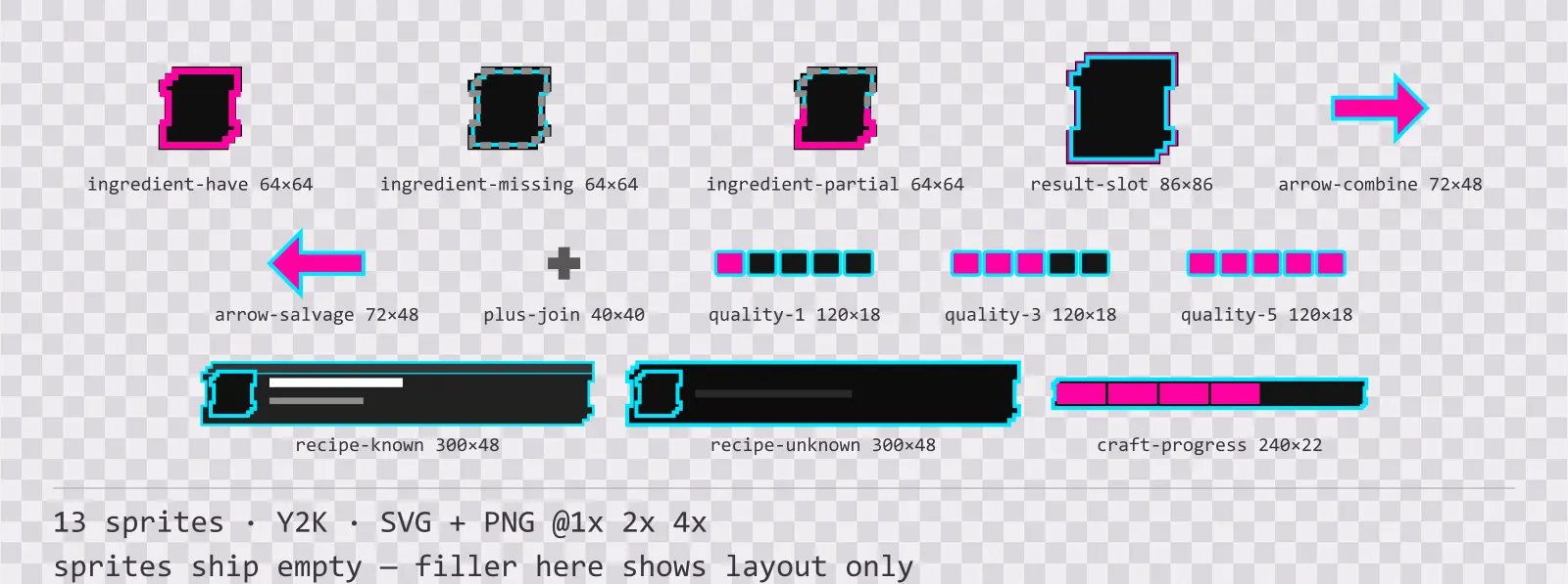 Sheet showing 13 Y2K crafting and recipe widgets from the Chromepop family, arranged on a transparency checkerboard with their pixel sizes printed underneath
