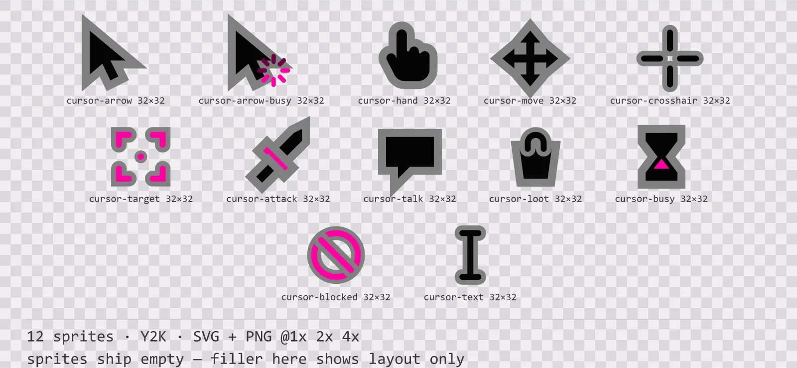 Sheet showing 12 Y2K mouse cursors from the Chromepop family, arranged on a transparency checkerboard with their pixel sizes printed underneath