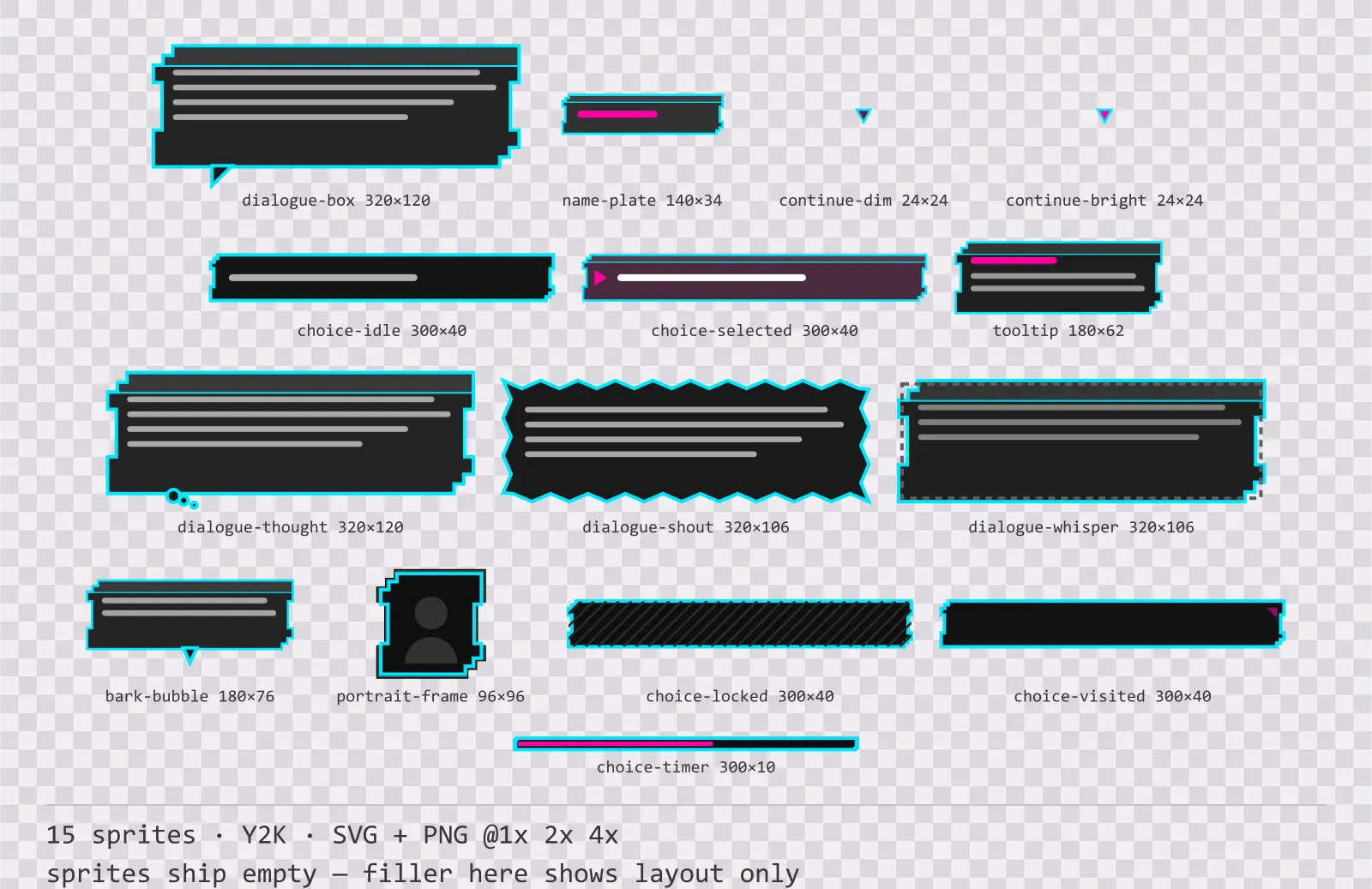 Sheet showing 15 Y2K dialogue components from the Chromepop family, arranged on a transparency checkerboard with their pixel sizes printed underneath
