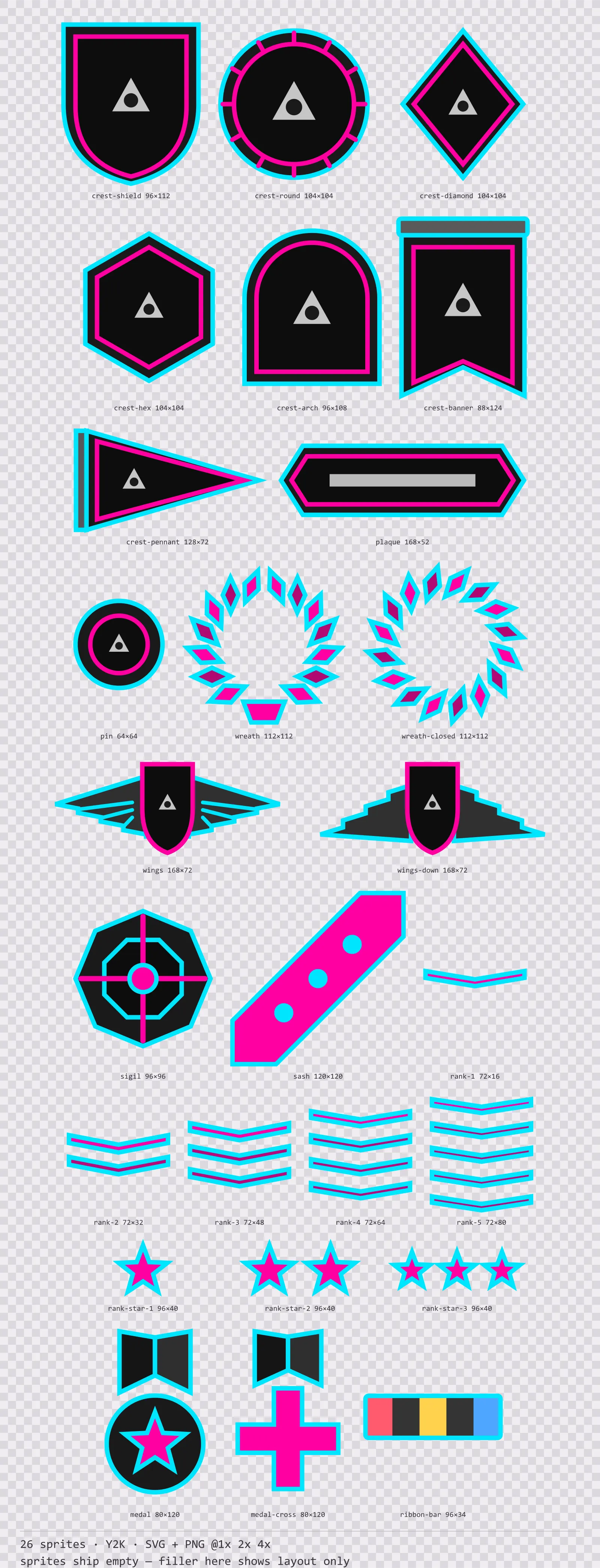 Sheet showing 26 Y2K crests, insignia and rank marks from the Chromepop family, arranged on a transparency checkerboard with their pixel sizes printed underneath