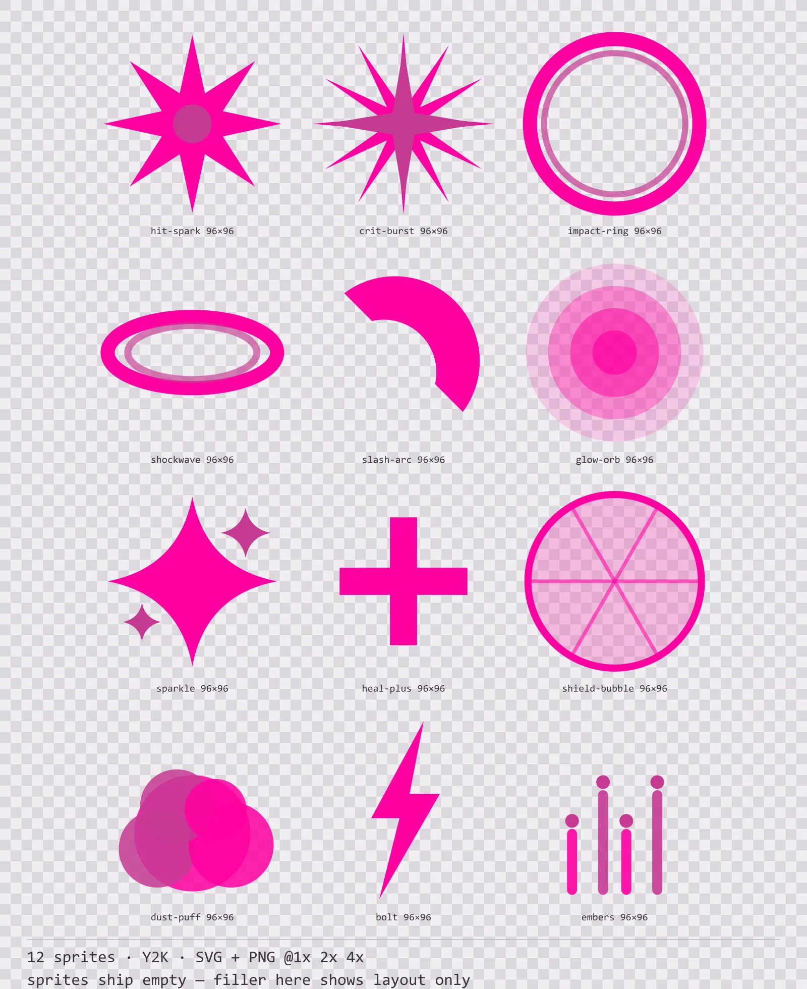 Sheet showing 12 Y2K impact and effect sprites from the Chromepop family, arranged on a transparency checkerboard with their pixel sizes printed underneath