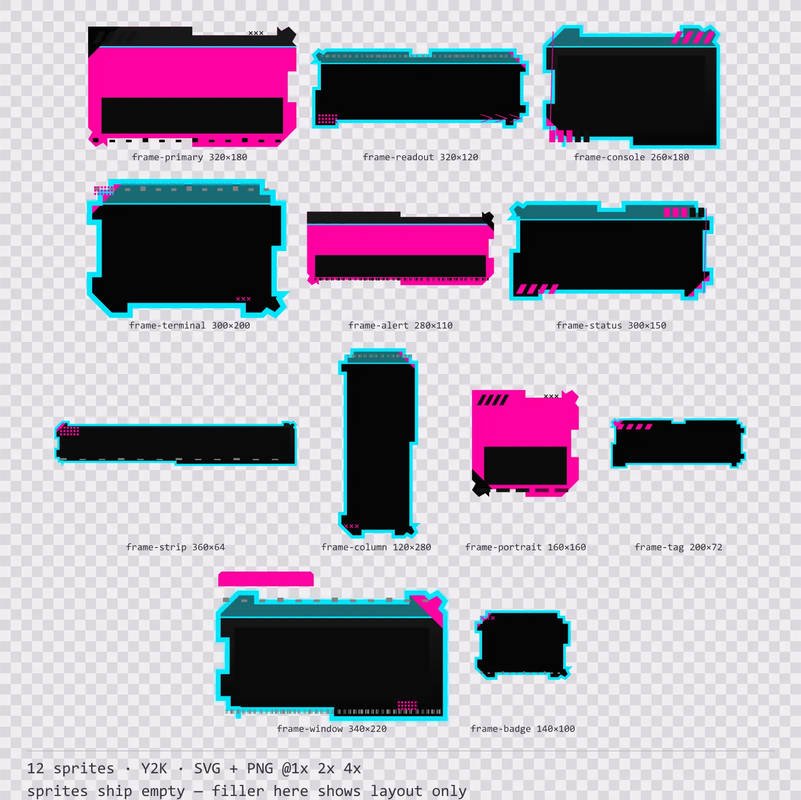 Sheet showing 12 Y2K HUD frames from the Chromepop family, arranged on a transparency checkerboard with their pixel sizes printed underneath