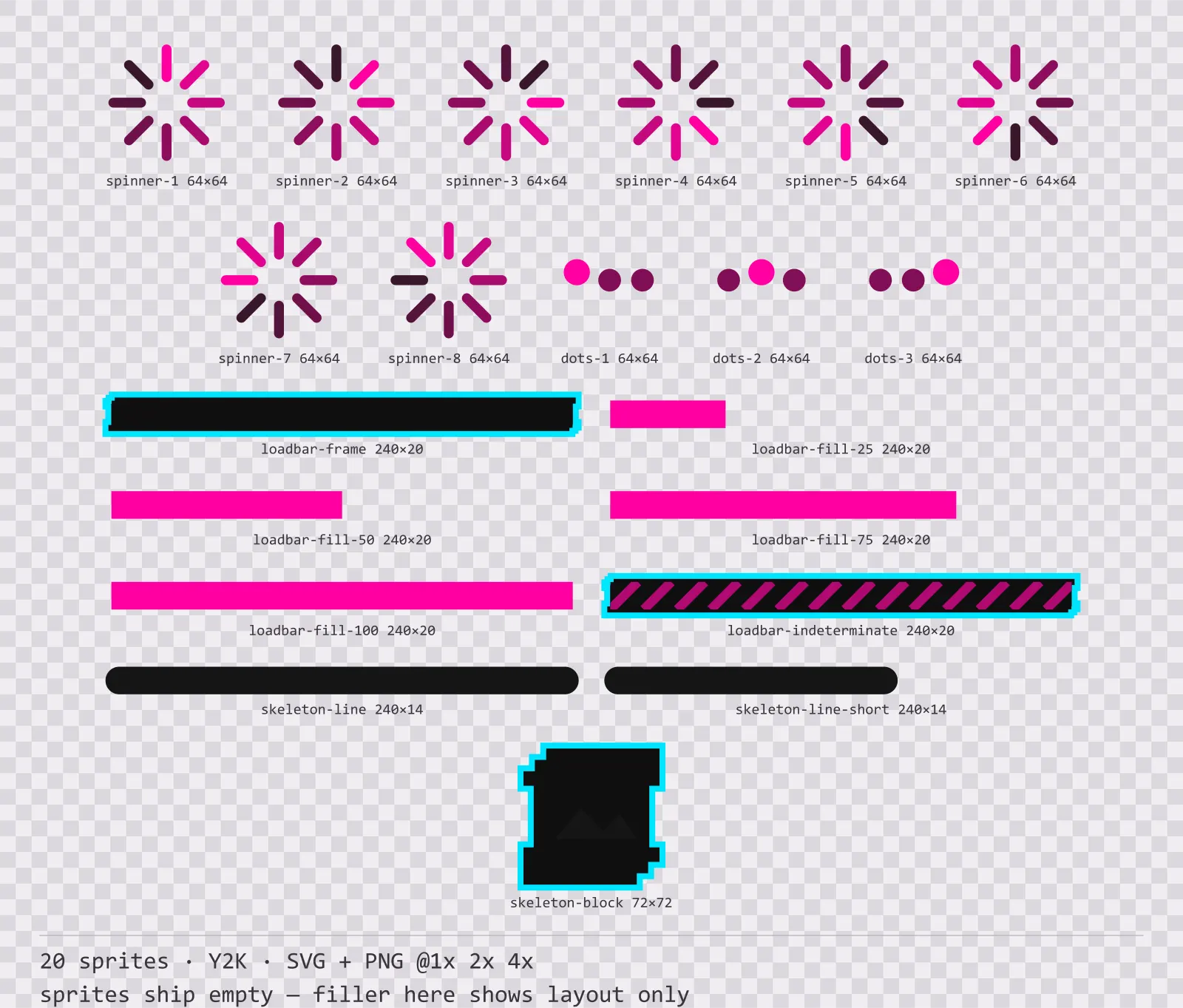 Sheet showing 20 Y2K loading and waiting indicators from the Chromepop family, arranged on a transparency checkerboard with their pixel sizes printed underneath