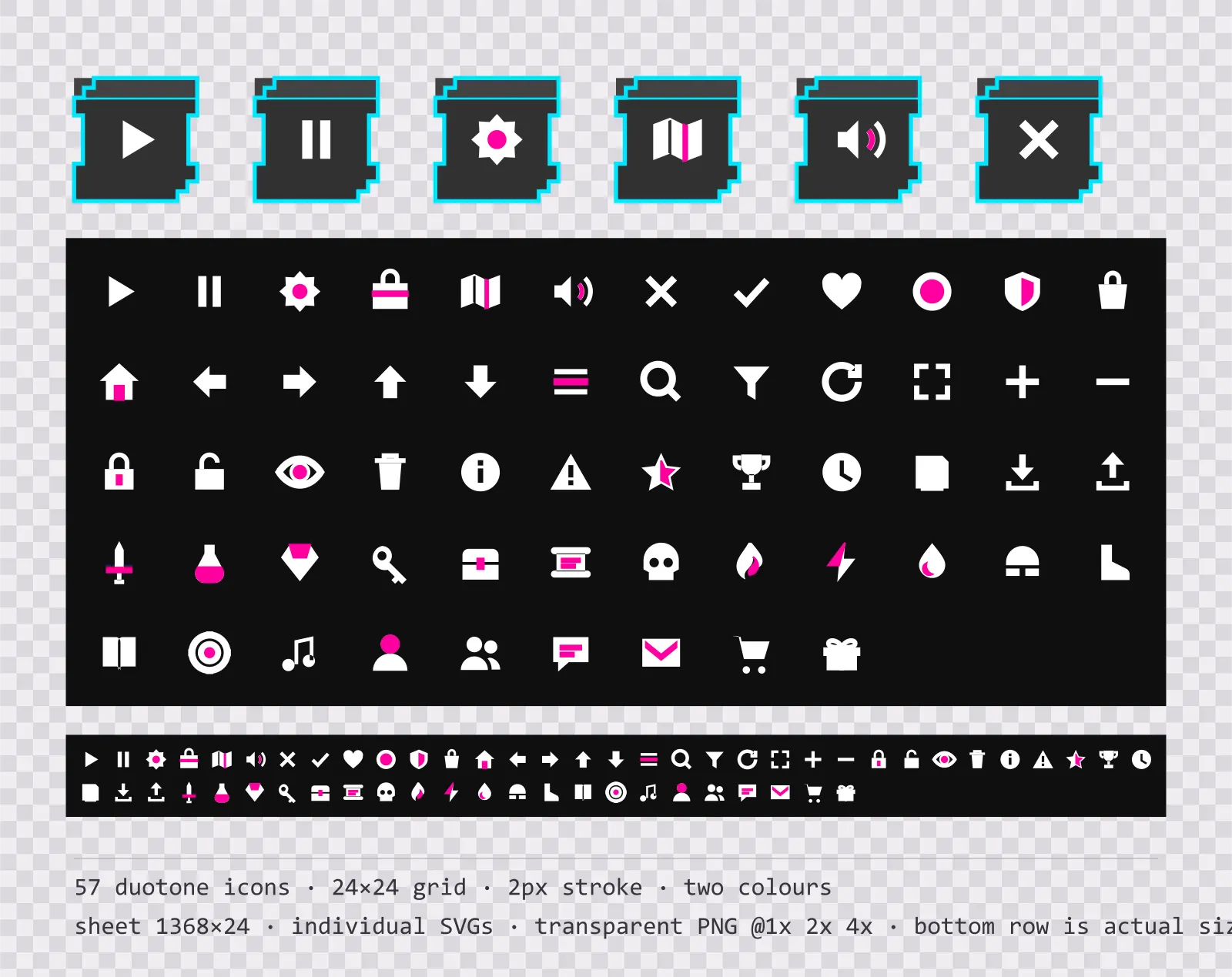 57 two-tone game menu icons on chrome poster tiles, shown large, laid out on a sheet grid, and again at actual 24 pixel size