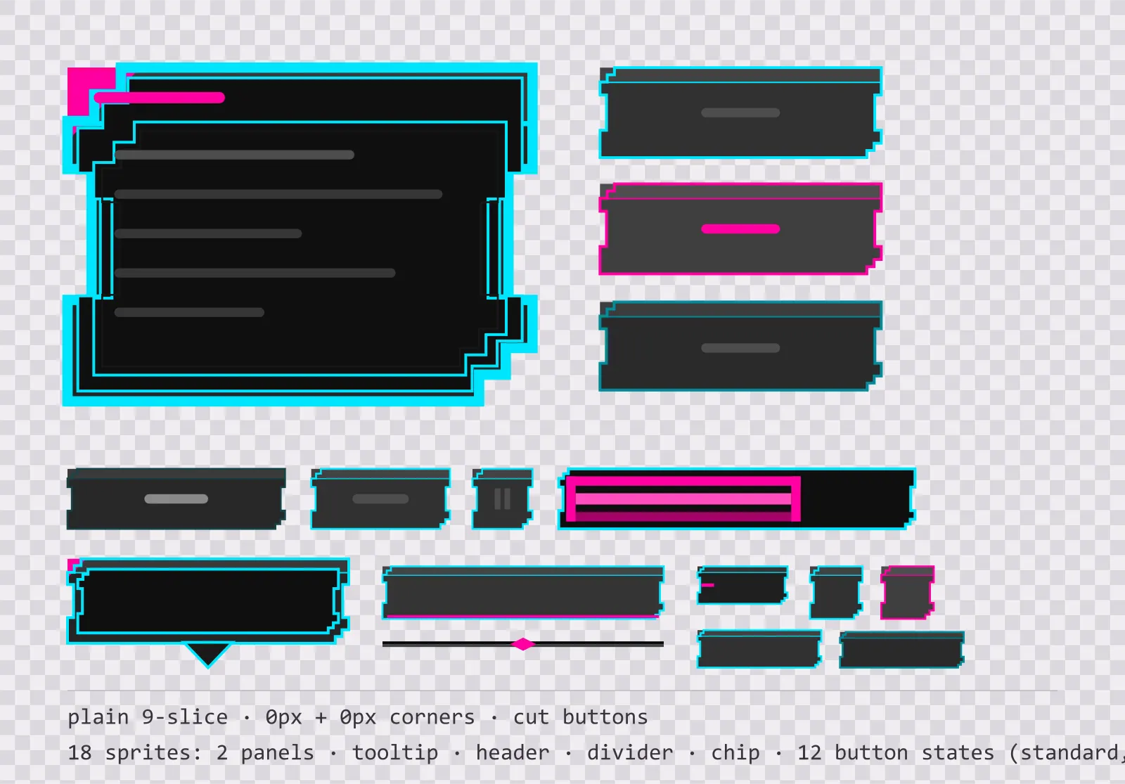 chrome poster game menu panel with a hot pink title strip and a recessed list area, next to a column showing the same chamfered button in default, outlined hover and pushed-in pressed states